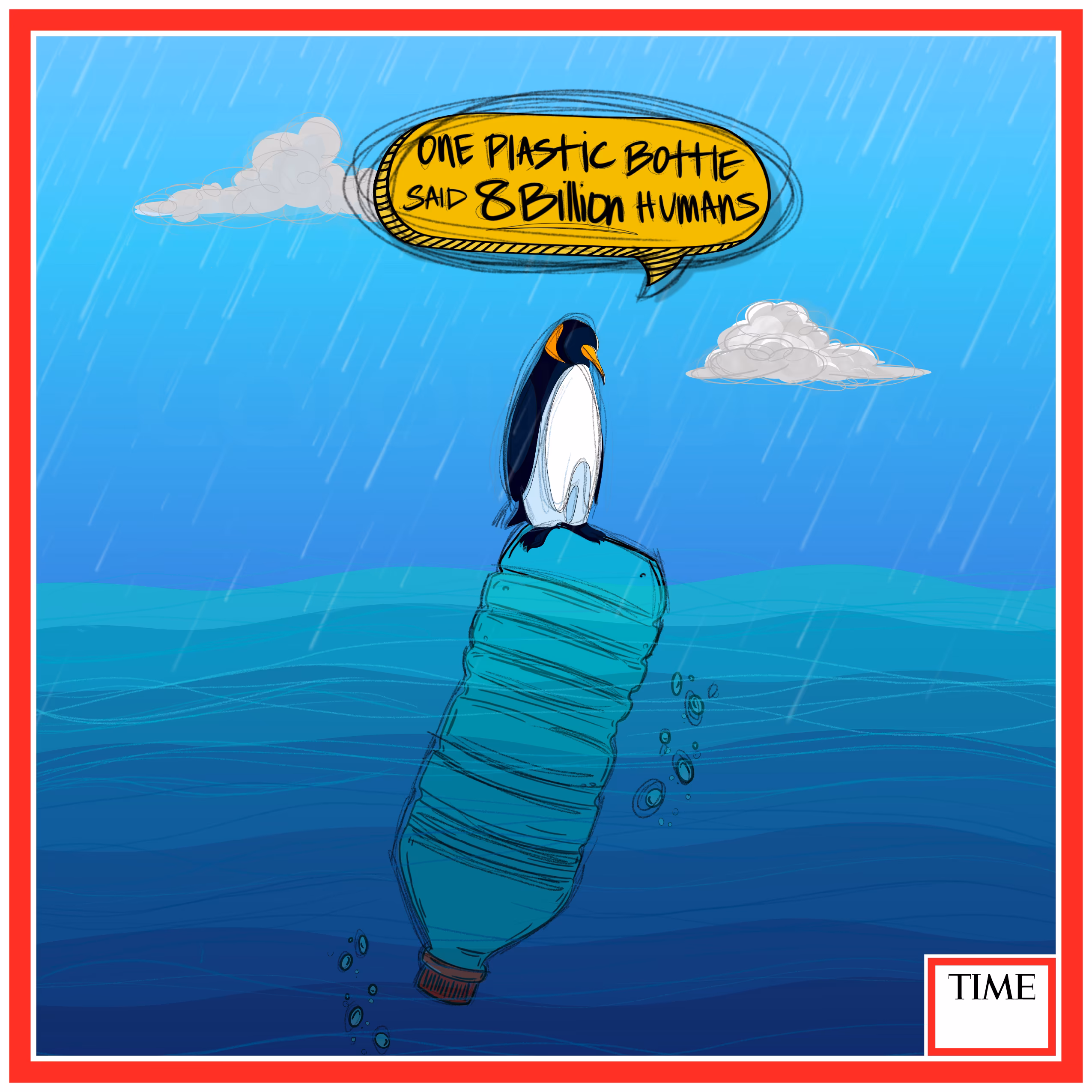 The “Plasti-berg Penguin”  focuses on the ocean and our various waterways that are ridden with plastic waste, both macro and micro in size. We all know that it is natural for Penguins to stand on icebergs, but it should not become the norm to see them wading the waters via a bottle. 

Through the use of art and common imagery this piece is created to evoke thoughts on our current path as a civilization; are we leading ourselves to the point of no return? Ask yourself this, is the world’s current infatuation with plastic that much more important than a world that will someday be consumed within it?