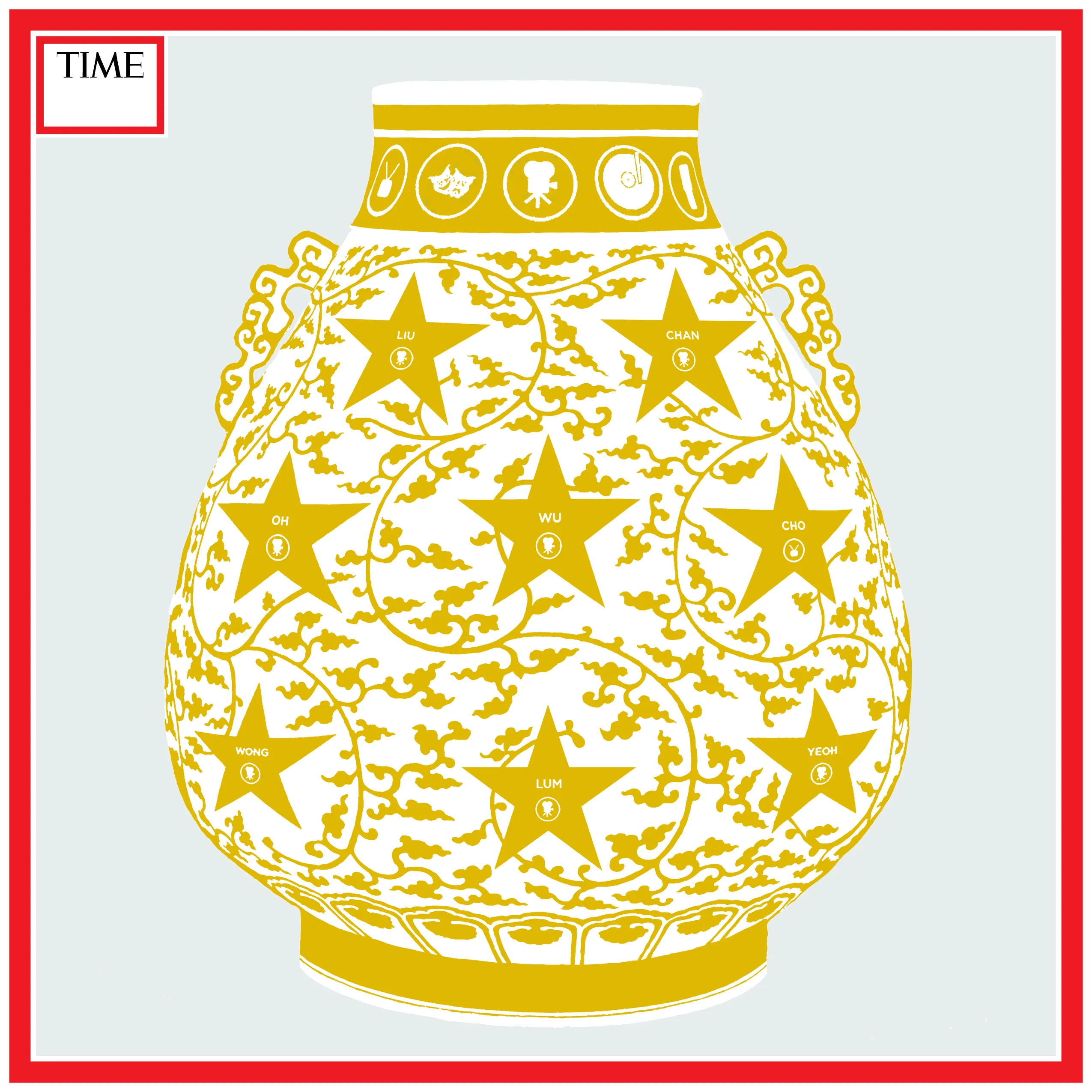 Eight stars with resembling stars along the Walk of Fame are dispersed throughout this vase. Surnames are featured on each star. This piece discusses the role of Asian female representation in Western media. The colour yellow is used to resemble the colour of stars, of skin, of self-image. Future Relics is a series of ten paintings that I have created since 2019 using the iconography of Chinese classical art to express the themes of women, femininity and female sensibility in the 21st century. These paintings are created both digitally and physically. Its physical version is rendered in egg shells.