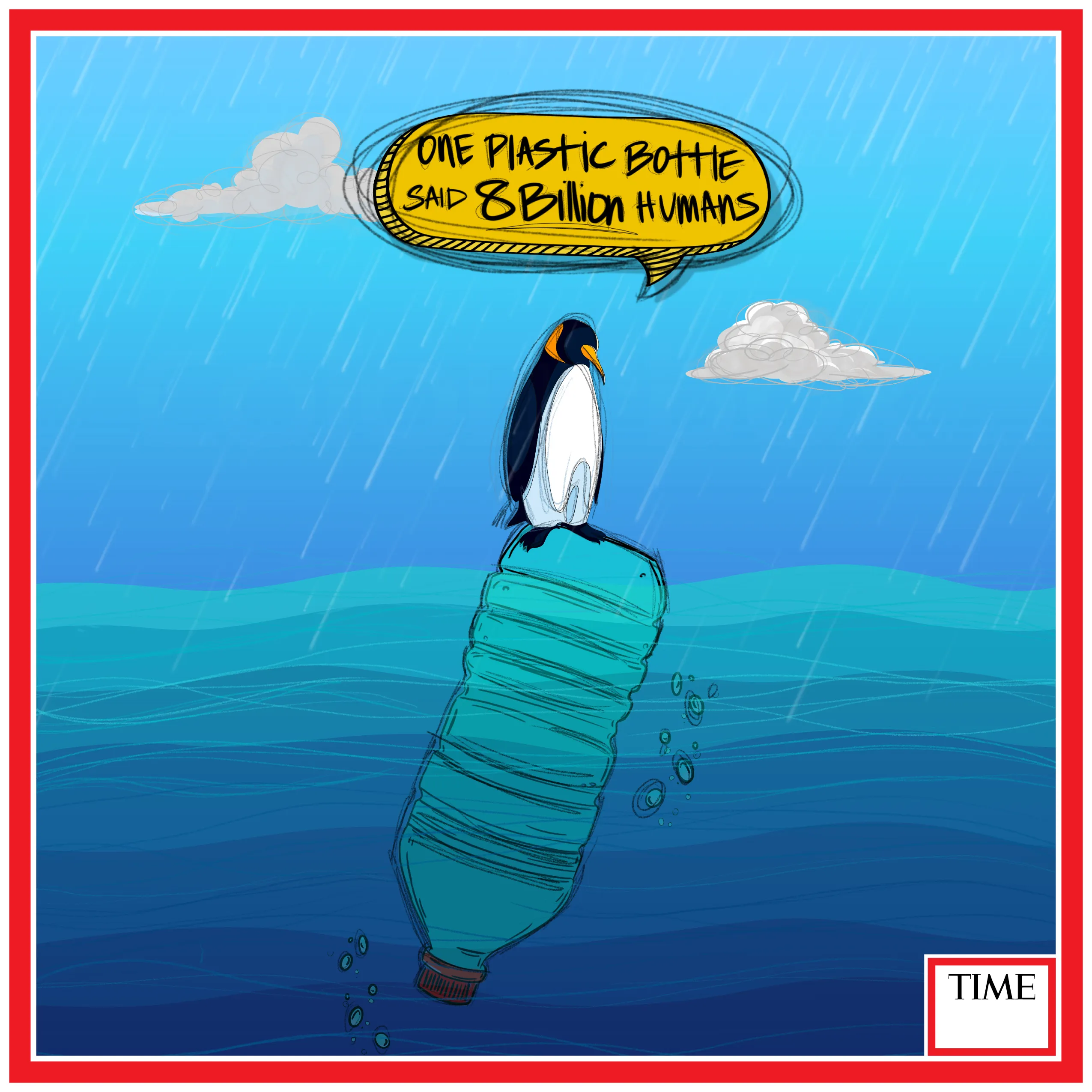 The “Plasti-berg Penguin”  focuses on the ocean and our various waterways that are ridden with plastic waste, both macro and micro in size. We all know that it is natural for Penguins to stand on icebergs, but it should not become the norm to see them wading the waters via a bottle. 

Through the use of art and common imagery this piece is created to evoke thoughts on our current path as a civilization; are we leading ourselves to the point of no return? Ask yourself this, is the world’s current infatuation with plastic that much more important than a world that will someday be consumed within it?