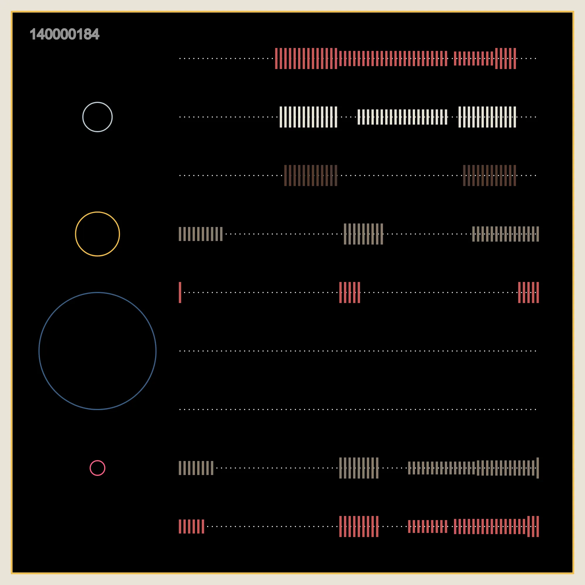 There is no dominant between the sound and the graphic in Good Vibrations. They are all driven by logic and algorithms. It's a record of times in B-side, it's like a music sheet of Good Vibration. Just read those records. The past, the present and the future, all happened at the same time. You must listen to the vibration, write down the sheet in the time. It's about coincidence, circulation and the way how we count time. It’s all about Good Vibrations. https://artblocks.io/token/140000184/