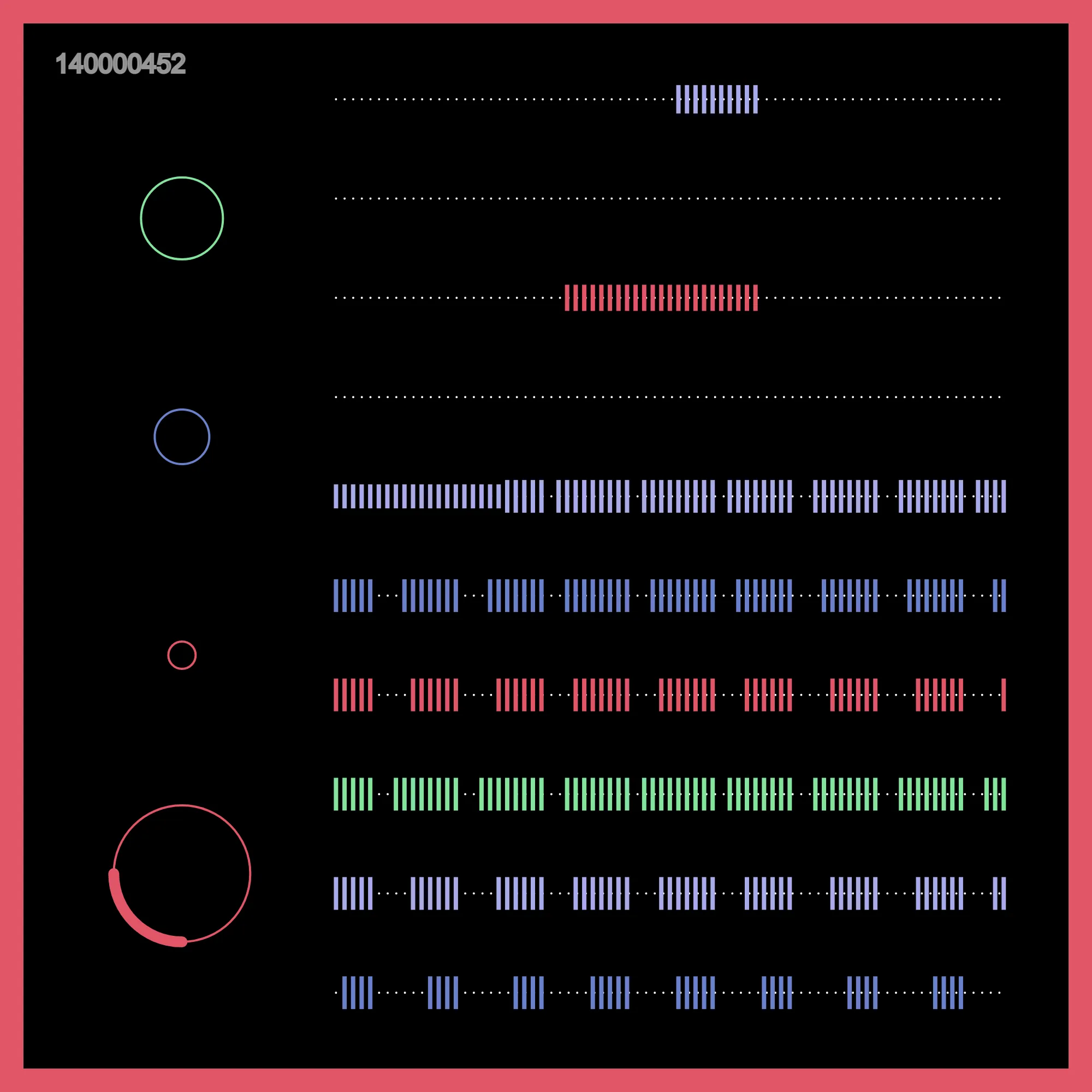 There is no dominant between the sound and the graphic in Good Vibrations. They are all driven by logic and algorithms. It's a record of times in B-side, it's like a music sheet of Good Vibration. Just read those records. The past, the present and the future, all happened at the same time. You must listen to the vibration, write down the sheet in the time. It's about coincidence, circulation and the way how we count time. It’s all about Good Vibrations. https://artblocks.io/token/140000452/