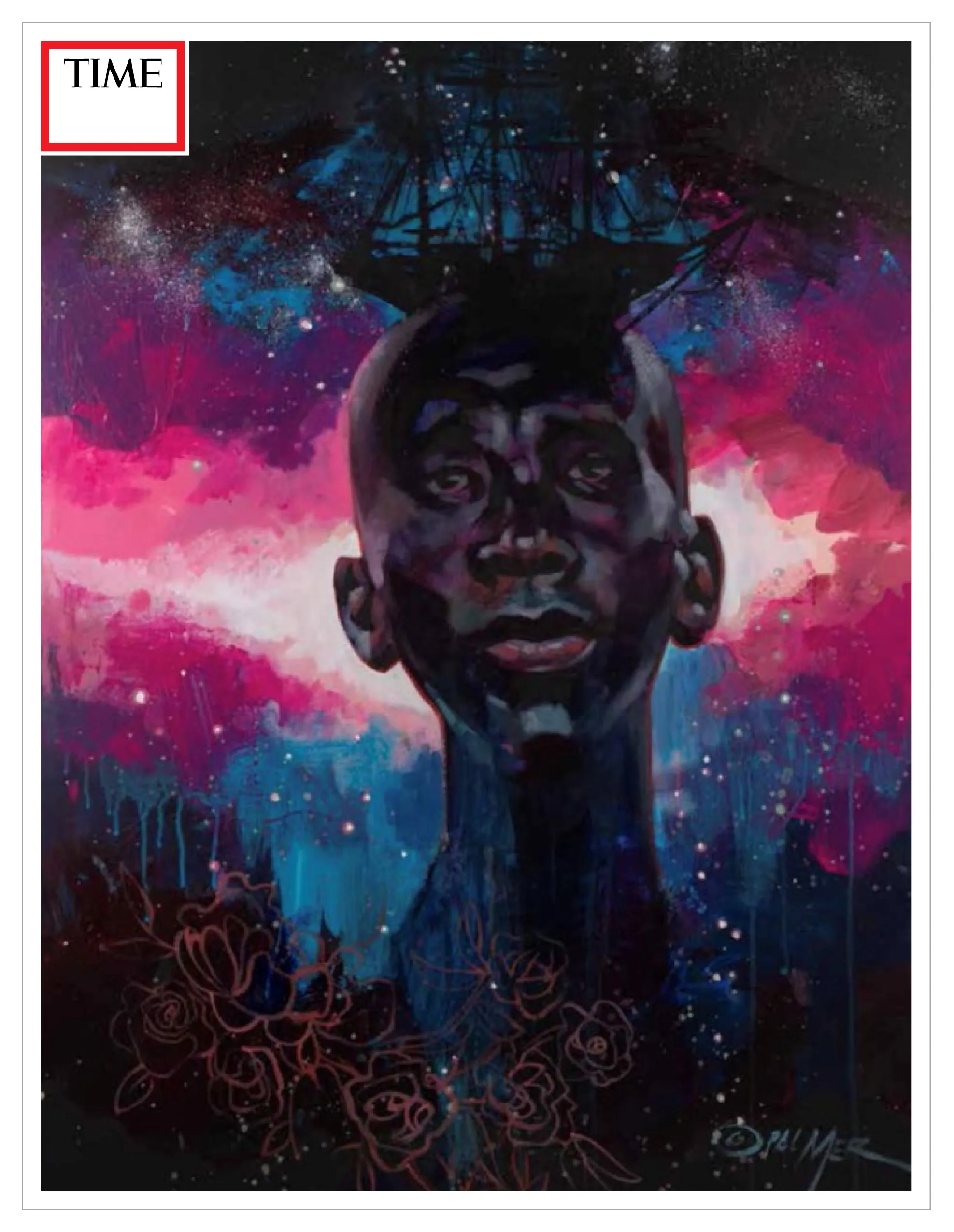 Mr. Galactic represents the future as well as the past and projects what we could be if only we used our imagination and creativity . There is a slave ship over his head and that speaks of the past, the galaxy around him is about the possibilities. The strength in his face speaks volumes.