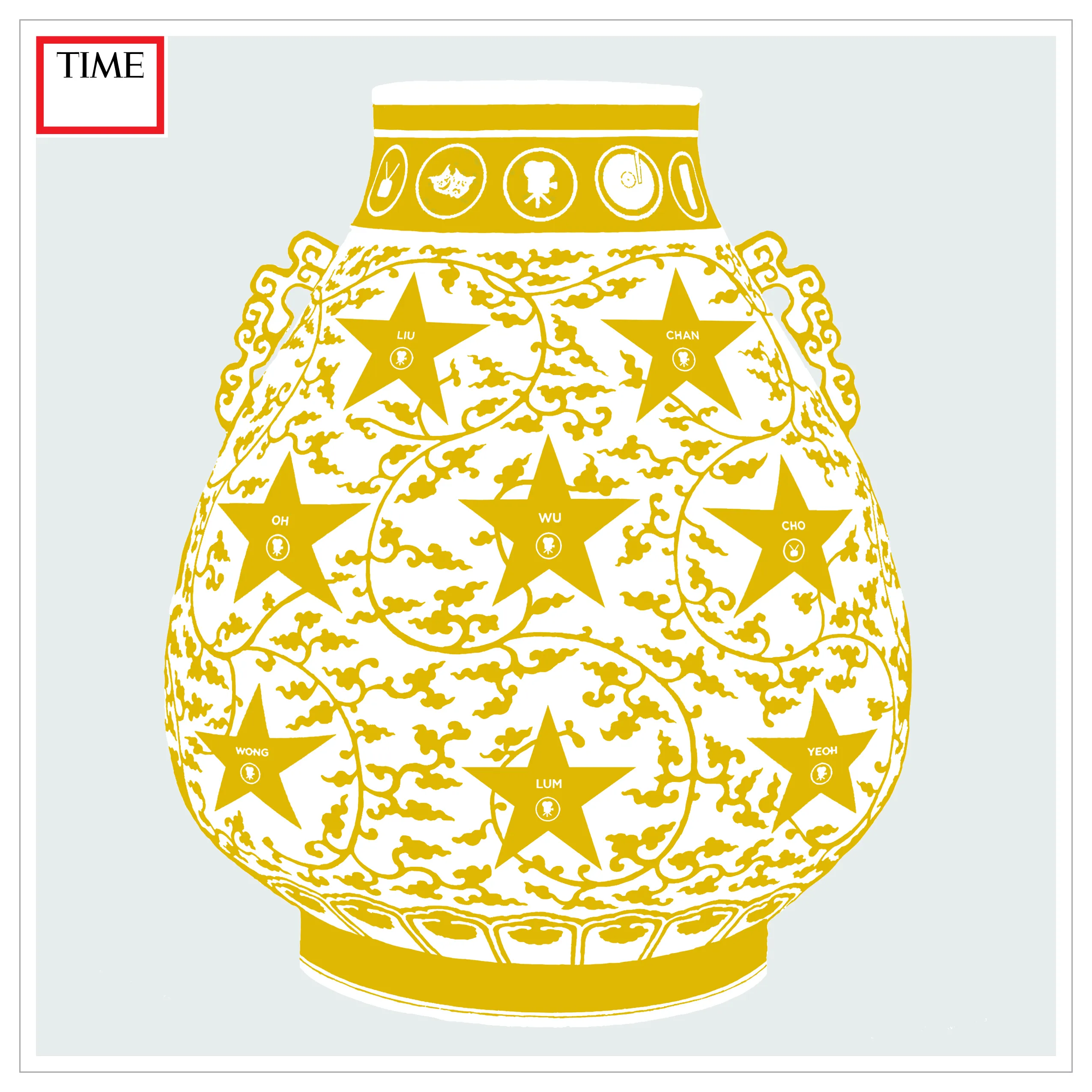 Eight stars with resembling stars along the Walk of Fame are dispersed throughout this vase. Surnames are featured on each star. This piece discusses the role of Asian female representation in Western media. The colour yellow is used to resemble the colour of stars, of skin, of self-image. Future Relics is a series of ten paintings that I have created since 2019 using the iconography of Chinese classical art to express the themes of women, femininity and female sensibility in the 21st century. These paintings are created both digitally and physically. Its physical version is rendered in egg shells.