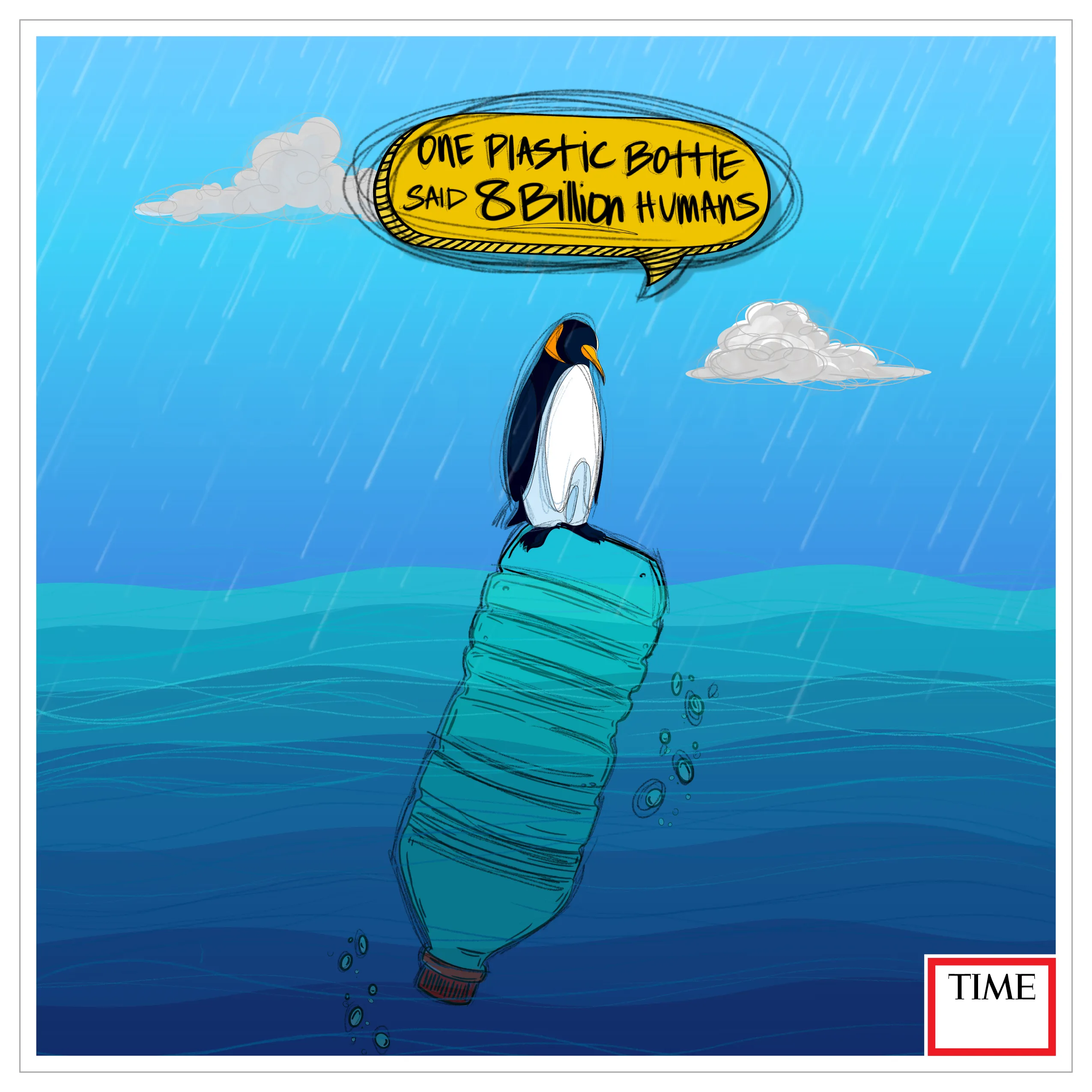 The “Plasti-berg Penguin”  focuses on the ocean and our various waterways that are ridden with plastic waste, both macro and micro in size. We all know that it is natural for Penguins to stand on icebergs, but it should not become the norm to see them wading the waters via a bottle. 

Through the use of art and common imagery this piece is created to evoke thoughts on our current path as a civilization; are we leading ourselves to the point of no return? Ask yourself this, is the world’s current infatuation with plastic that much more important than a world that will someday be consumed within it?