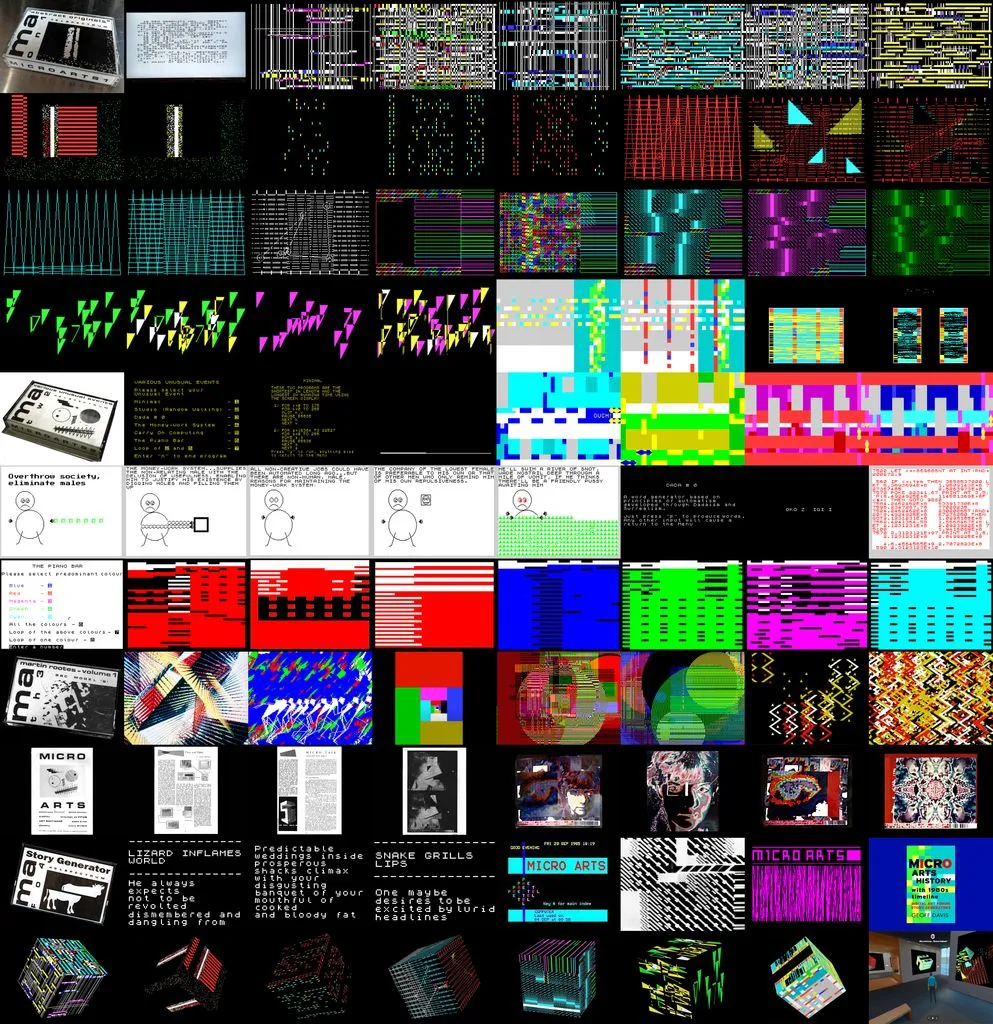 A grid image composition of 88 highlights from the history of Micro Arts Group, founded by Geoff Davis in 1984 in London. 

"Micro Arts Grid 88" artwork nods to Beeple's "Everydays: the First 5000 Days" grid image (auctioned at Christie's 2021) while providing a longer timeframe (1983-2023).

A fascinating array of historical computer and digital art, the artwork showcases the original generative art code from 1983, along with the sets of generated art, conceptual art, and story generators originally on data cassette and Prestel teletext. 

Micro Arts MA1 "Abstract Originals", Geoff Davis, MA2 Various Unusual Events, Geoff Davis, MA3 Martin Rootes, and MA4 Story Generator, Geoff Davis, were released 1984-1985. Micro Arts was on Prestel Micronet until 1991. The print Magazine and the first Quantel Paintbox artworks are from 1984. 

Bringing it up to date, the Micro Arts book, 3D cube videos and VR gallery images are from 2019-2023.

Each of the 88 images is 1024 x 768 pixels. This is an enlargement of the original micro computer TV display at 256 x 192.

[View High-Res Artwork on Arweave](https://arweave.net/bsKYh7Dq3ci6_zScEAtFRvE513SdXaYptgU7y2Z2tzw/original.png)
