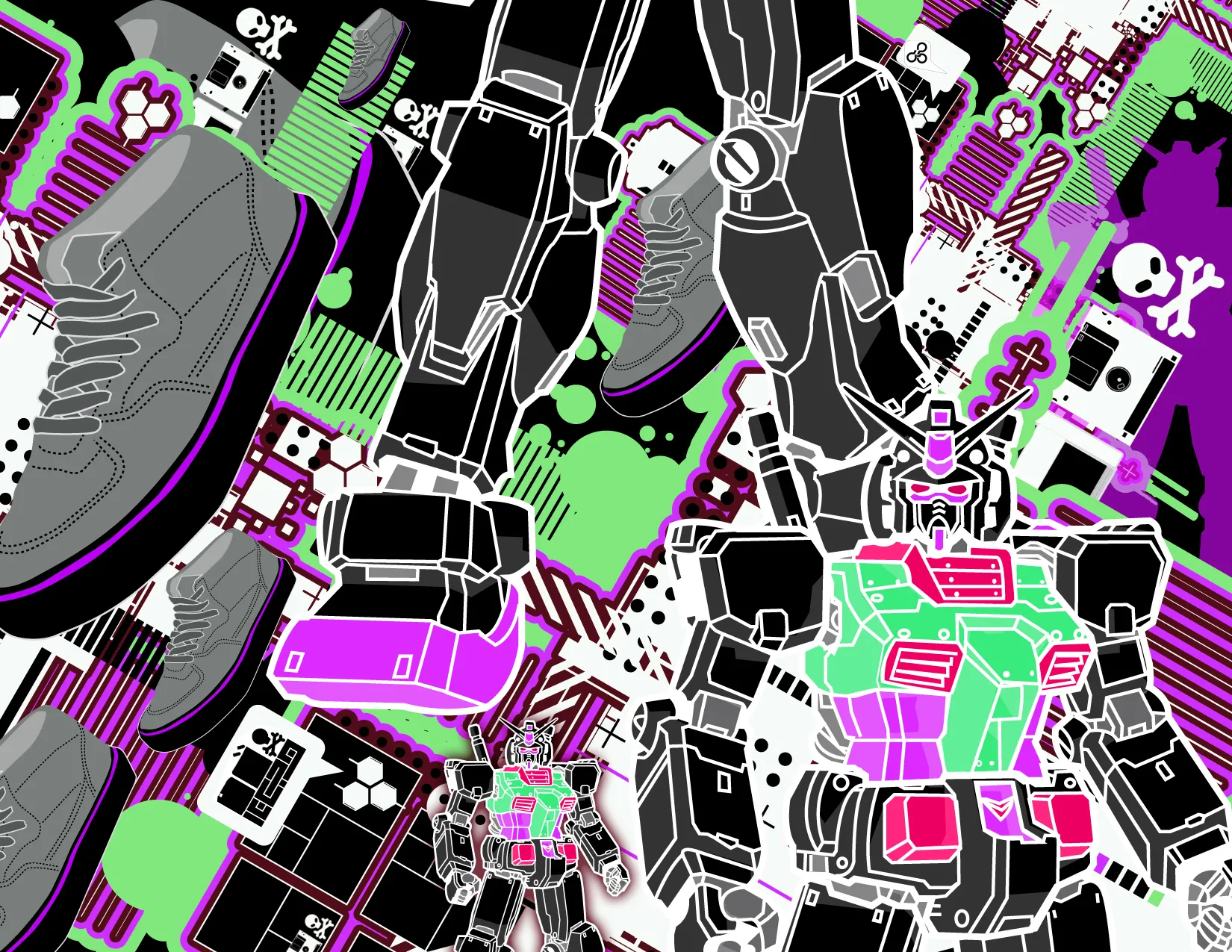 🅡◌🄱●┮🆂 & 🇸︎ℕ≡╱╲K≣ℛS

Multi layer vector abstraction + photo collage. 
Flyer design for Robots & Sneakers event Friday November 21, 2008.

These flyers capture a historic moment of time where illegal raves were thriving in Detroit, they were 10,000 printed and lost in time but now minted eternally on the blockchain.

Flyer info on backside:
$10 b4 12 $15 after

R.A the Rugged Man, USM, DJ Seoul, Kero, Blue le'goon, Darkcube, E-spleece, kas solo, rising sunz, ergot & the 37th shield.

This event will consist of underground hip hop, electro, drum & bass & dubstep/idm. and obviously the main headliner the rap legend r.a the rugged man.

There will be a live graffiti demo from fel 3000 of the cold fusion crew, then his art will be auctioned off at the end of the night.
There will be skate ramps consisting of fun boxes, mini rails, and launch boxes. Also an urban toy demo from kid robot, and a sneaker demo from the sneaker pimps.

Russell Industrial Center 1600 Clay Street Detroit
