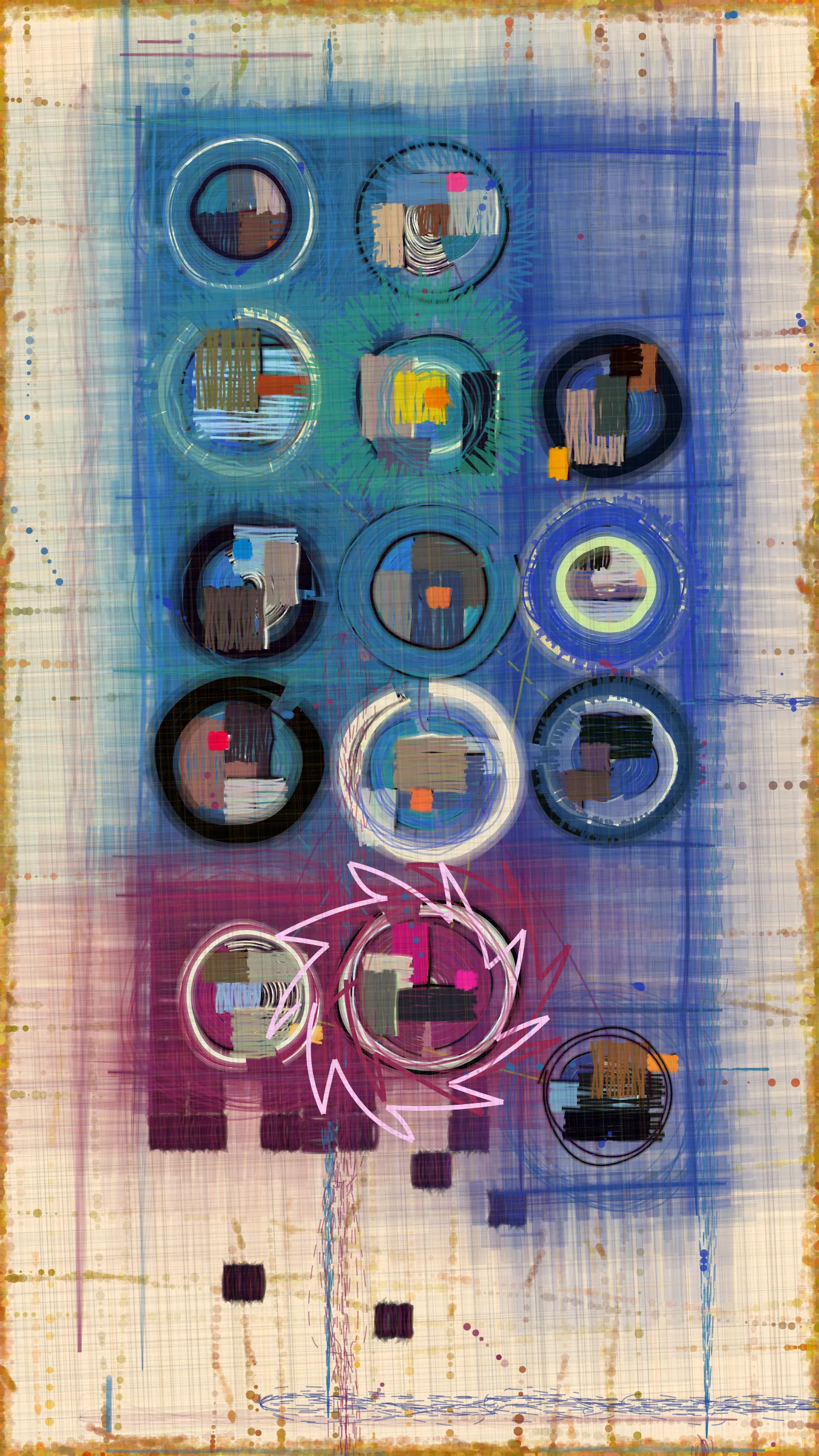marfaMESH is an event-driven generative art experiment that took place over the course of Marfa 2023, Sept 21st to 24th. To participate attendees were required to download the marfaMESH app developed by Shane Richardson (Breath You, Ouroboros) and wear a NFC Card lanyard powered by IYK. Scanning other peoples lanyards built a social graph of interactions that created personalized artworks for each participant that evolved throughout the event. When scanning, the app prompted users to take a picture from which colors and basic forms were abstracted and fed into the emerging artwork. Interactions ‘nodes’ are clustered based on eleven key geo locations and there is a night day mode based on time of last interaction.  The project’s primary objective was to serve as an icebreaker to help bring about connections between people that wouldn’t have met otherwise. 

It is hoped that this project is an example of how generative art can be used to create highly personalized art chronicles of an event. Art that helps to preserve memories and create a treasured artifact that’s an extension of the ticket stub or merch item we are all familiar with. It's my belief that generative art has inherent properties that enable it to provide a new class of art that is part infographic; memorabilia; social graph; personal story and proof of participation. I can see a future in which a person's inner and outer worlds can be expressed in an evolving, responsive and interactive artwork. These life-artworks may meld in real time with life-artworks from friends and family or as large community expressions. 

A global expression of all the data collected will be created and auctioned as a one of one in the coming year. While it might seem that the individual outputs in this series will have the greatest value and meaning to the co-creators, a single collective expression of the event may have more value and meaning to art culture as a whole. Profits from this auction will be reinvested into the continued exploration of this approach of which marfaMESH has served as a compelling early proof-of-concept.