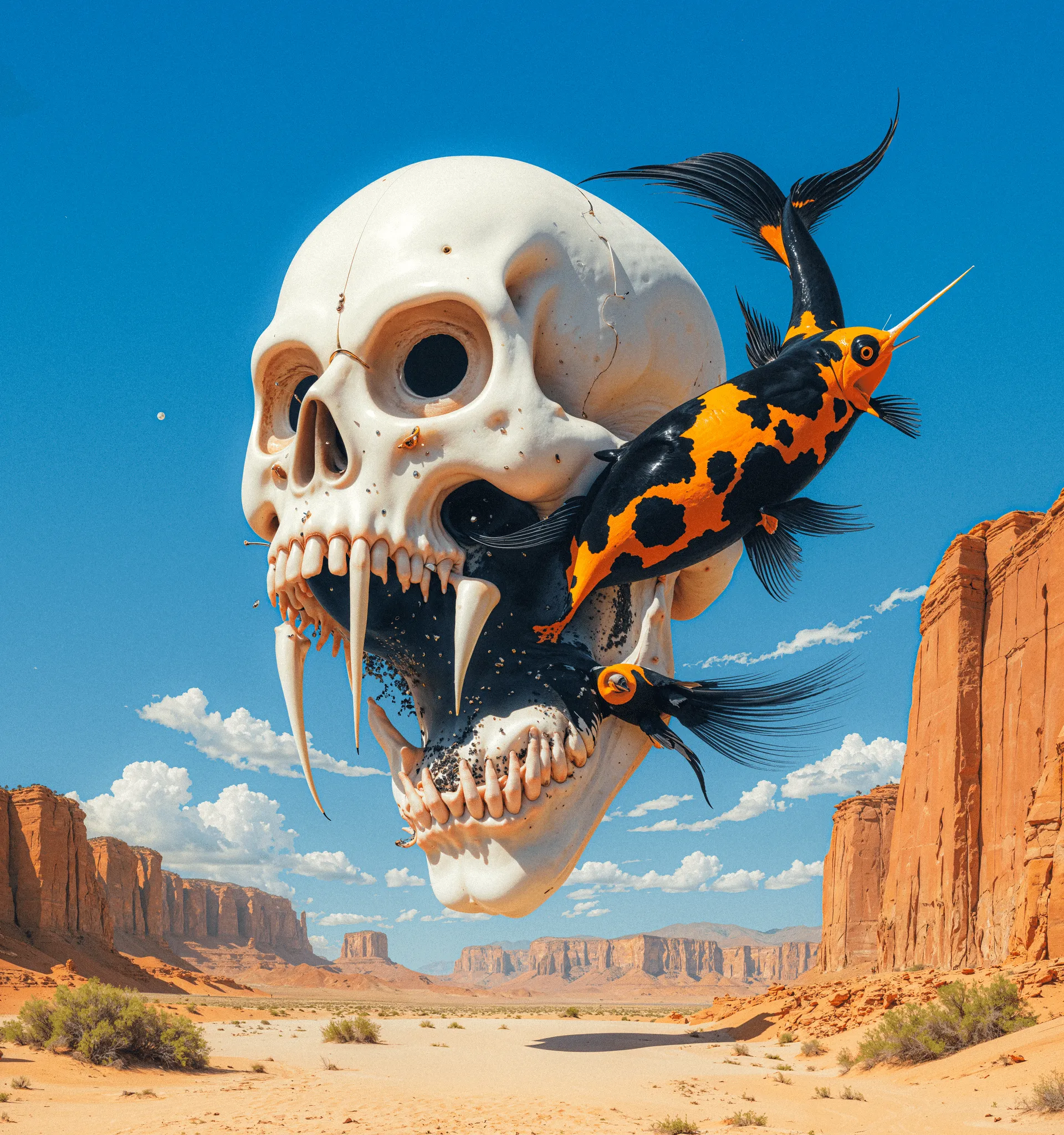 Surreal Sky is a visual mythology born from places that shaped me, the colorful illustrations of Asia, the ancient ruins of the Mediterranean, and the vast deserts of Southwest. Each carries its own kind of faith: one built from ritual and repetition, one from myth and ruin, one from the silence of endless space. These images merge under a single imagined atmosphere, a sky where ancient gods, mythological beasts, cybernetic forms, and skeletal creatures coexist.