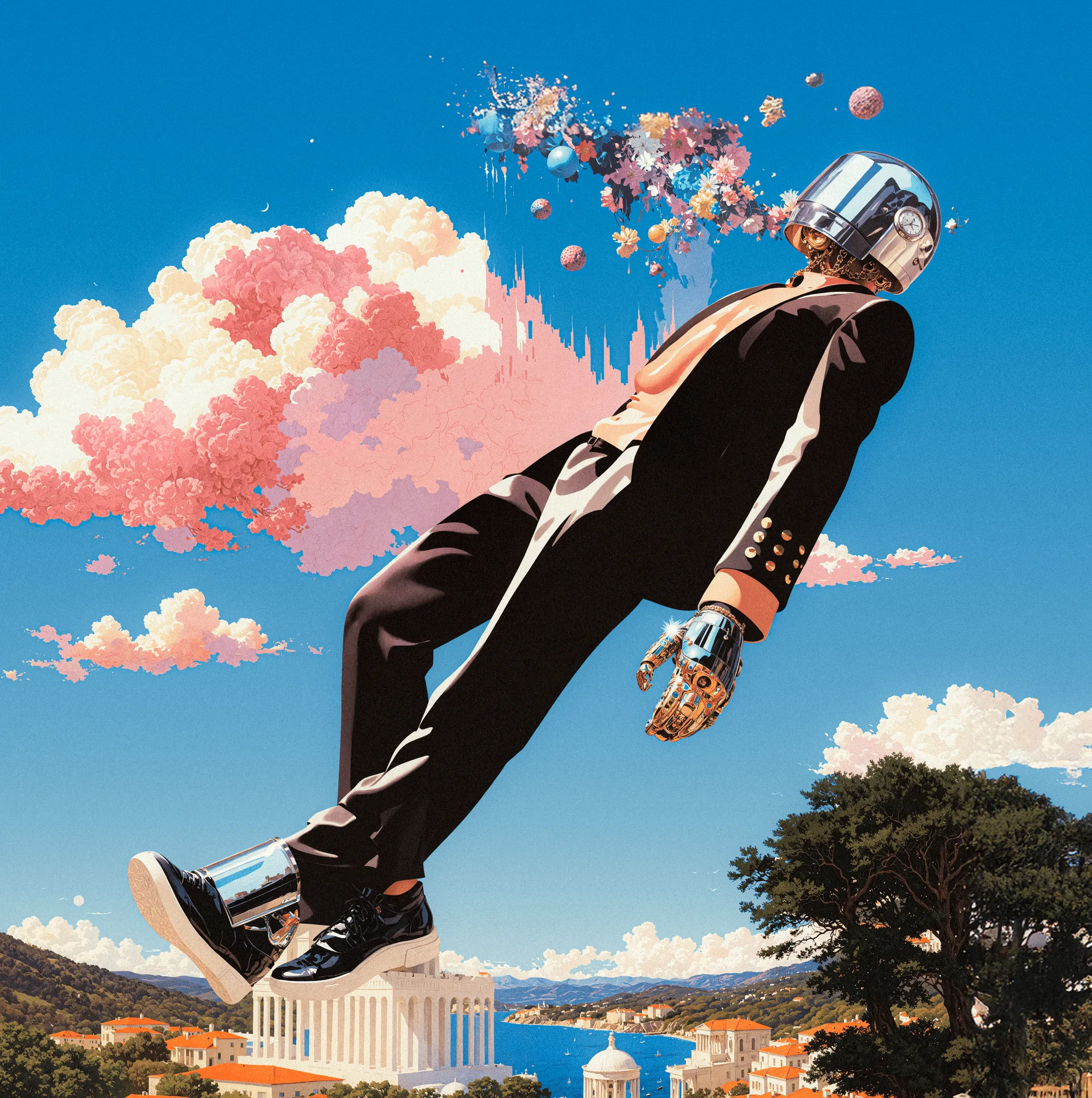 Surreal Sky is a visual mythology born from places that shaped me, the colorful illustrations of Asia, the ancient ruins of the Mediterranean, and the vast deserts of Southwest. Each carries its own kind of faith: one built from ritual and repetition, one from myth and ruin, one from the silence of endless space. These images merge under a single imagined atmosphere, a sky where ancient gods, mythological beasts, cybernetic forms, and skeletal creatures coexist.