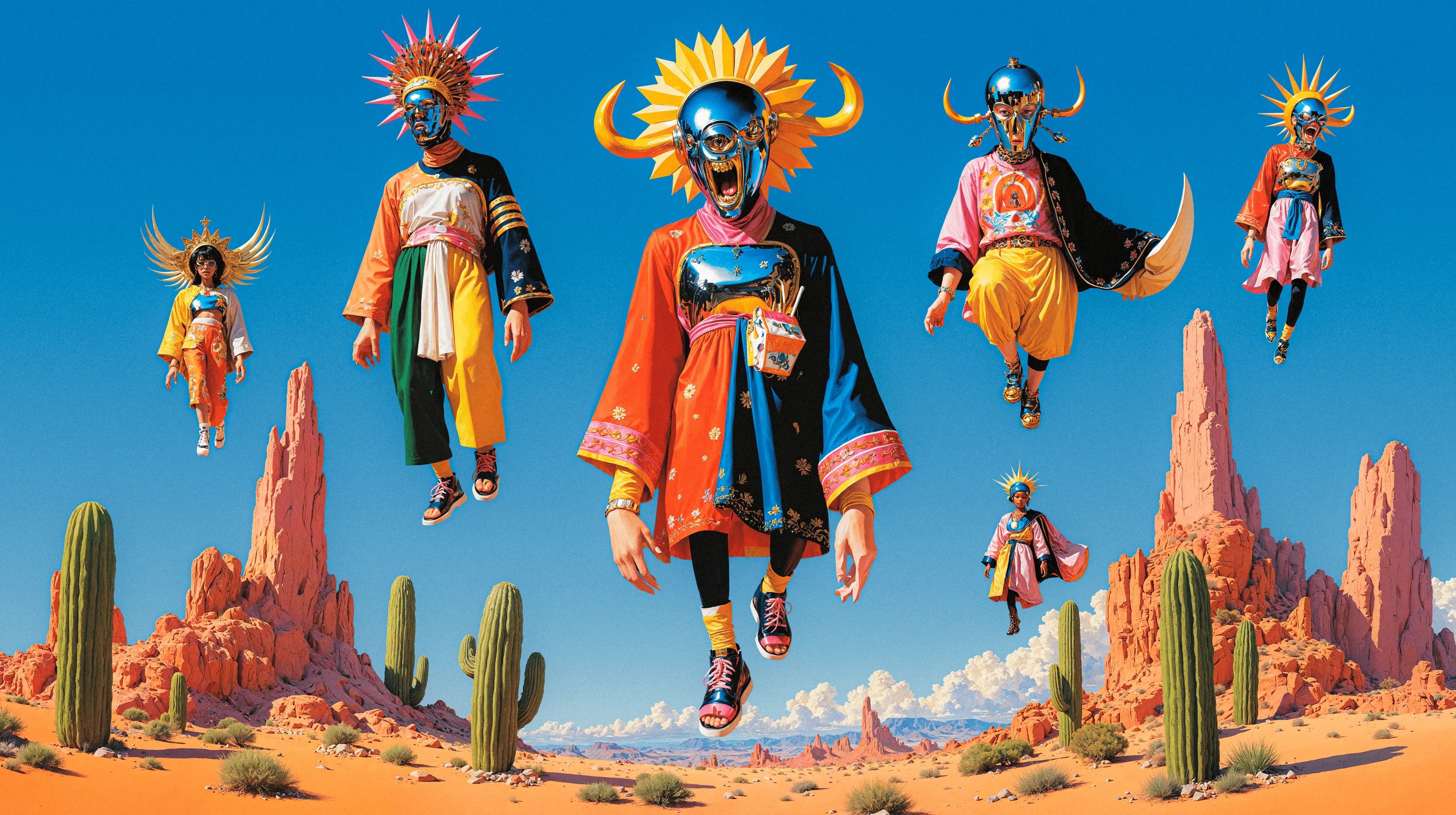 Surreal Sky is a visual mythology born from places that shaped me, the colorful illustrations of Asia, the ancient ruins of the Mediterranean, and the vast deserts of Southwest. Each carries its own kind of faith: one built from ritual and repetition, one from myth and ruin, one from the silence of endless space. These images merge under a single imagined atmosphere, a sky where ancient gods, mythological beasts, cybernetic forms, and skeletal creatures coexist.