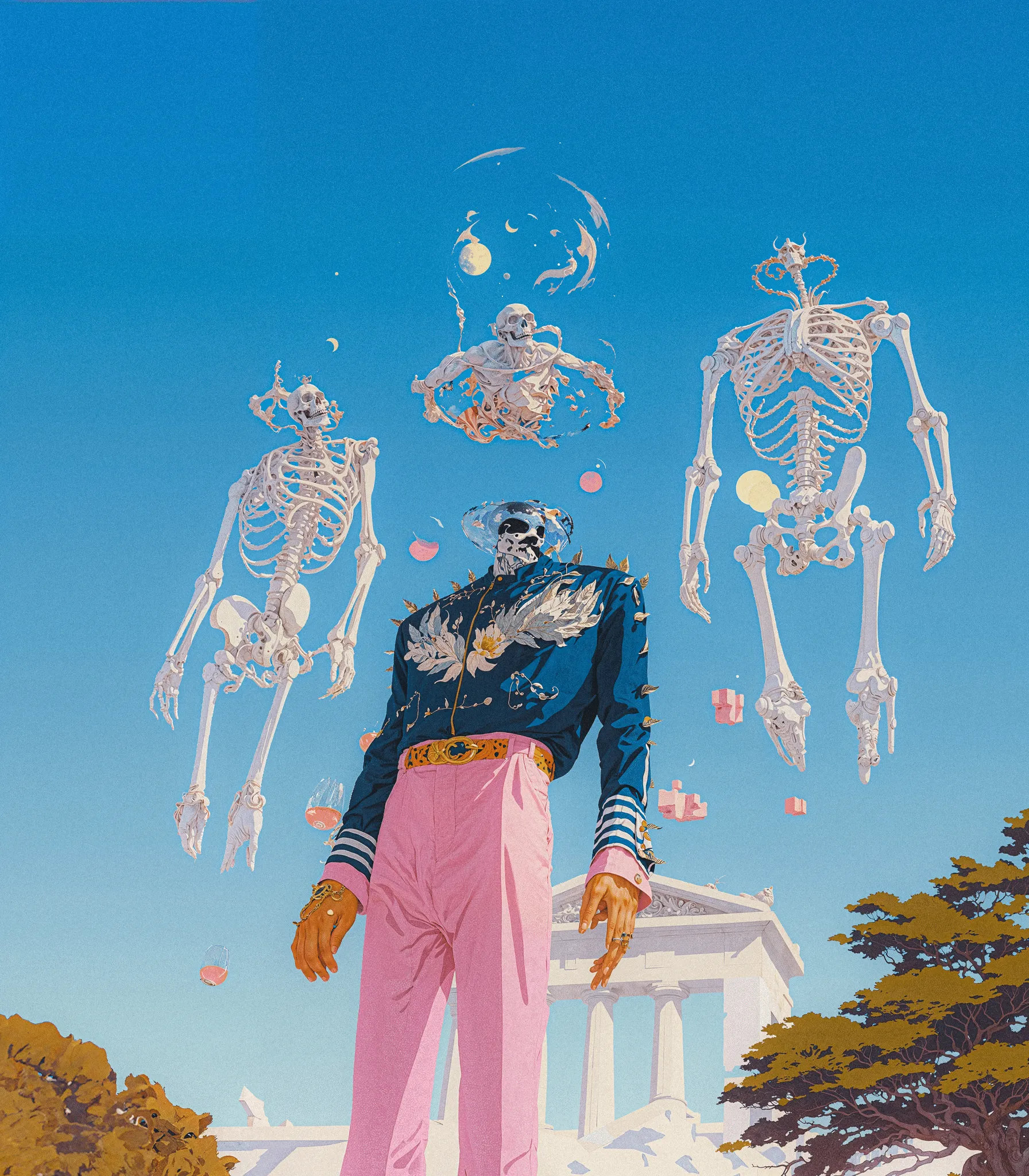 Surreal Sky is a visual mythology born from places that shaped me, the colorful illustrations of Asia, the ancient ruins of the Mediterranean, and the vast deserts of Southwest. Each carries its own kind of faith: one built from ritual and repetition, one from myth and ruin, one from the silence of endless space. These images merge under a single imagined atmosphere, a sky where ancient gods, mythological beasts, cybernetic forms, and skeletal creatures coexist.