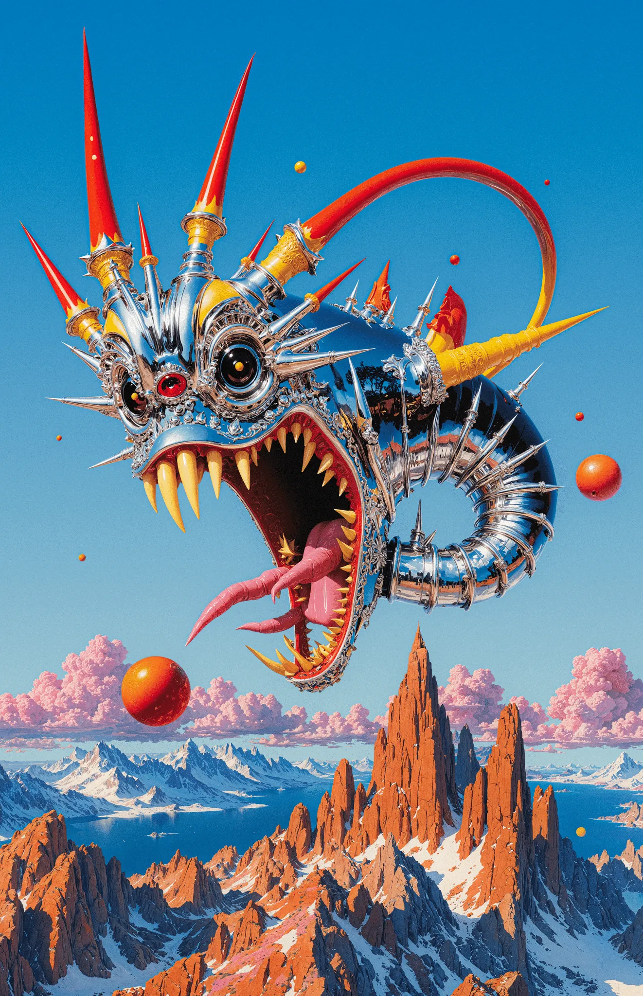 Surreal Sky is a visual mythology born from places that shaped me, the colorful illustrations of Asia, the ancient ruins of the Mediterranean, and the vast deserts of Southwest. Each carries its own kind of faith: one built from ritual and repetition, one from myth and ruin, one from the silence of endless space. These images merge under a single imagined atmosphere, a sky where ancient gods, mythological beasts, cybernetic forms, and skeletal creatures coexist.