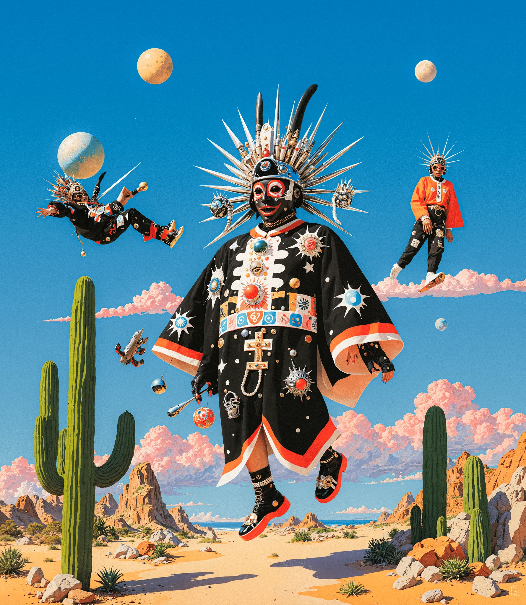 Surreal Sky is a visual mythology born from places that shaped me, the colorful illustrations of Asia, the ancient ruins of the Mediterranean, and the vast deserts of Southwest. Each carries its own kind of faith: one built from ritual and repetition, one from myth and ruin, one from the silence of endless space. These images merge under a single imagined atmosphere, a sky where ancient gods, mythological beasts, cybernetic forms, and skeletal creatures coexist.