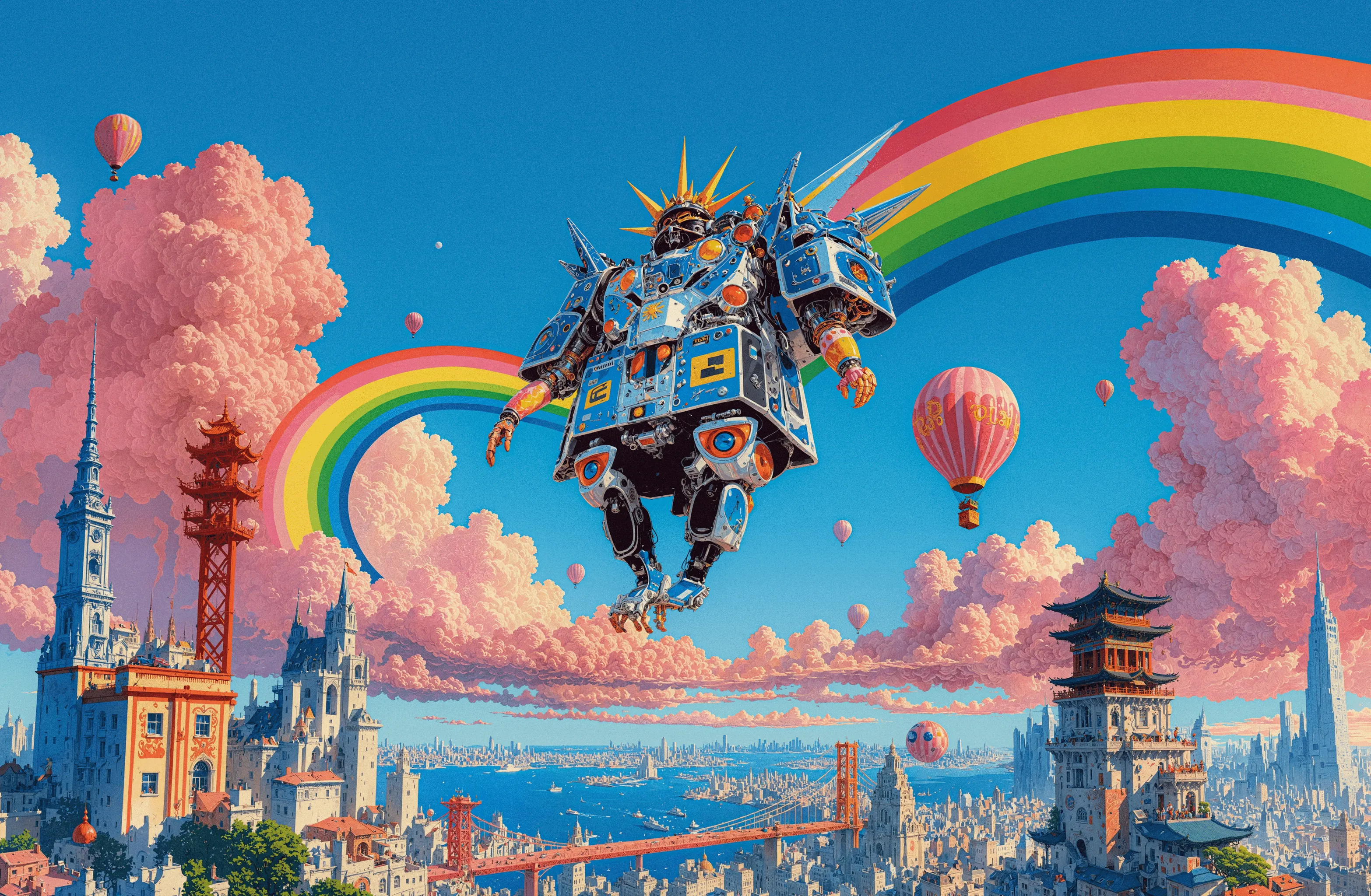 Surreal Sky is a visual mythology born from places that shaped me, the colorful illustrations of Asia, the ancient ruins of the Mediterranean, and the vast deserts of Southwest. Each carries its own kind of faith: one built from ritual and repetition, one from myth and ruin, one from the silence of endless space. These images merge under a single imagined atmosphere, a sky where ancient gods, mythological beasts, cybernetic forms, and skeletal creatures coexist.