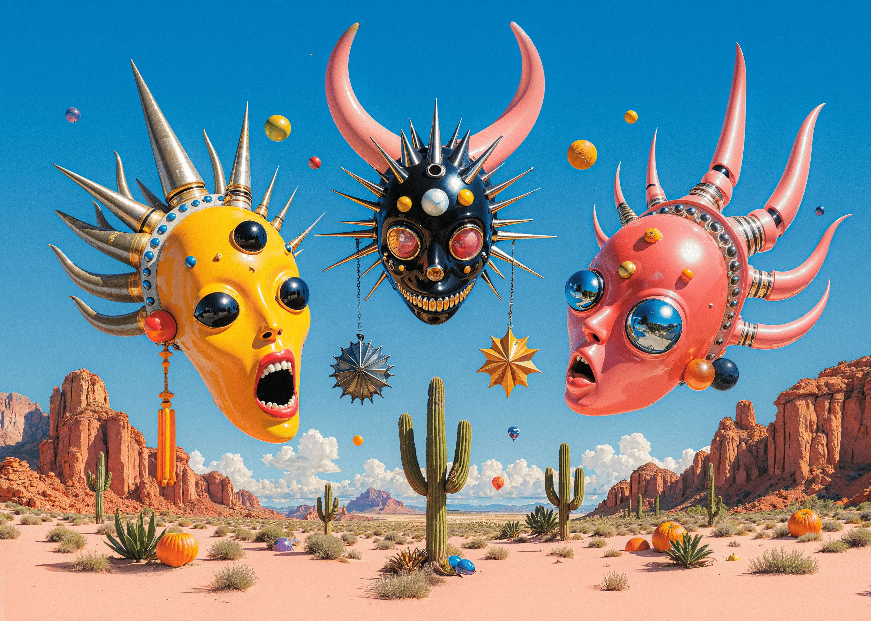 Surreal Sky is a visual mythology born from places that shaped me, the colorful illustrations of Asia, the ancient ruins of the Mediterranean, and the vast deserts of Southwest. Each carries its own kind of faith: one built from ritual and repetition, one from myth and ruin, one from the silence of endless space. These images merge under a single imagined atmosphere, a sky where ancient gods, mythological beasts, cybernetic forms, and skeletal creatures coexist.