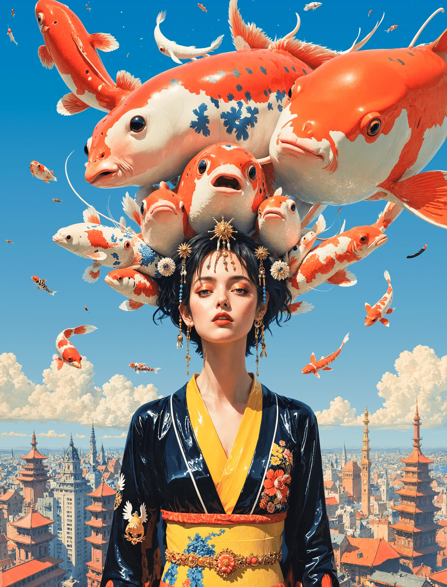 Surreal Sky is a visual mythology born from places that shaped me, the colorful illustrations of Asia, the ancient ruins of the Mediterranean, and the vast deserts of Southwest. Each carries its own kind of faith: one built from ritual and repetition, one from myth and ruin, one from the silence of endless space. These images merge under a single imagined atmosphere, a sky where ancient gods, mythological beasts, cybernetic forms, and skeletal creatures coexist.