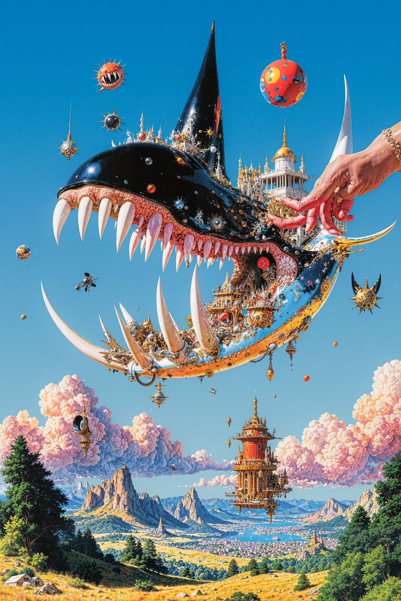 Surreal Sky is a visual mythology born from places that shaped me, the colorful illustrations of Asia, the ancient ruins of the Mediterranean, and the vast deserts of Southwest. Each carries its own kind of faith: one built from ritual and repetition, one from myth and ruin, one from the silence of endless space. These images merge under a single imagined atmosphere, a sky where ancient gods, mythological beasts, cybernetic forms, and skeletal creatures coexist.