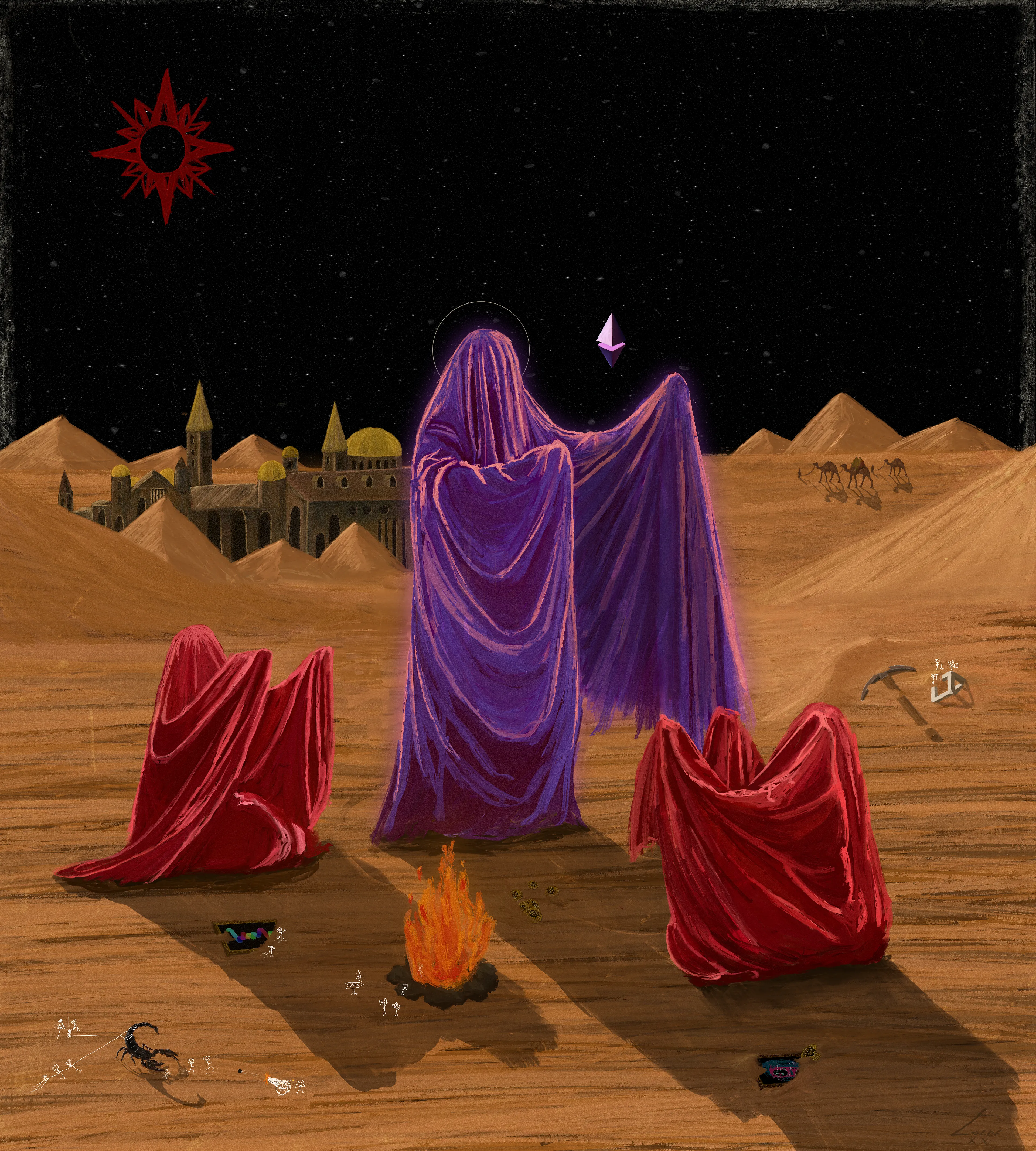 This is the last work of Lorde into the Act 2 ∘ 2023

Notes from the artist: 
Silk Road portrays a vast desert where 2 travelers seeking for treasures and good loot end up facing an entity never seen before. This entity conjure an entire crystal of ether in front of their eyes. An allegory that symbolizes the crypto and NFT market.

4500x5000px - 10,529 brushstrokes

*Note: 3 editions have been reserved for the artist*