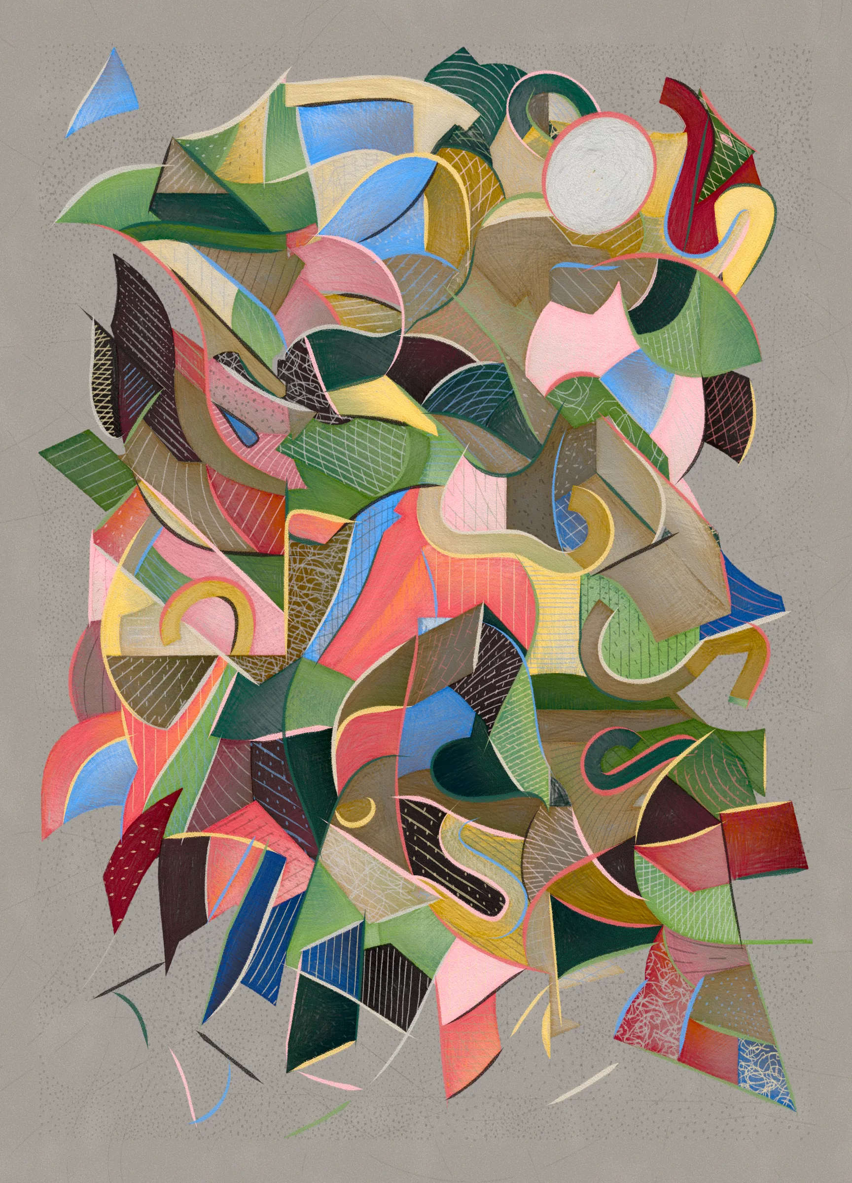 Materialistic is a generative series of 92 works exploring surface, texture, and the boundaries of digital materiality. The project draws a parallel between Cubism and early computer graphics, as both use simplified forms and structured systems to reinterpret reality. 

Deconstruction and reconstruction are at the core of this project. Each composition begins with precise construction lines and multiple viewpoints, then is reassembled algorithmically into geometric structures and fragmented planes. The interplay of movement, surface, and texture is directly created through the code.

This contract represents the 80 long-form digital edition mints from the release.