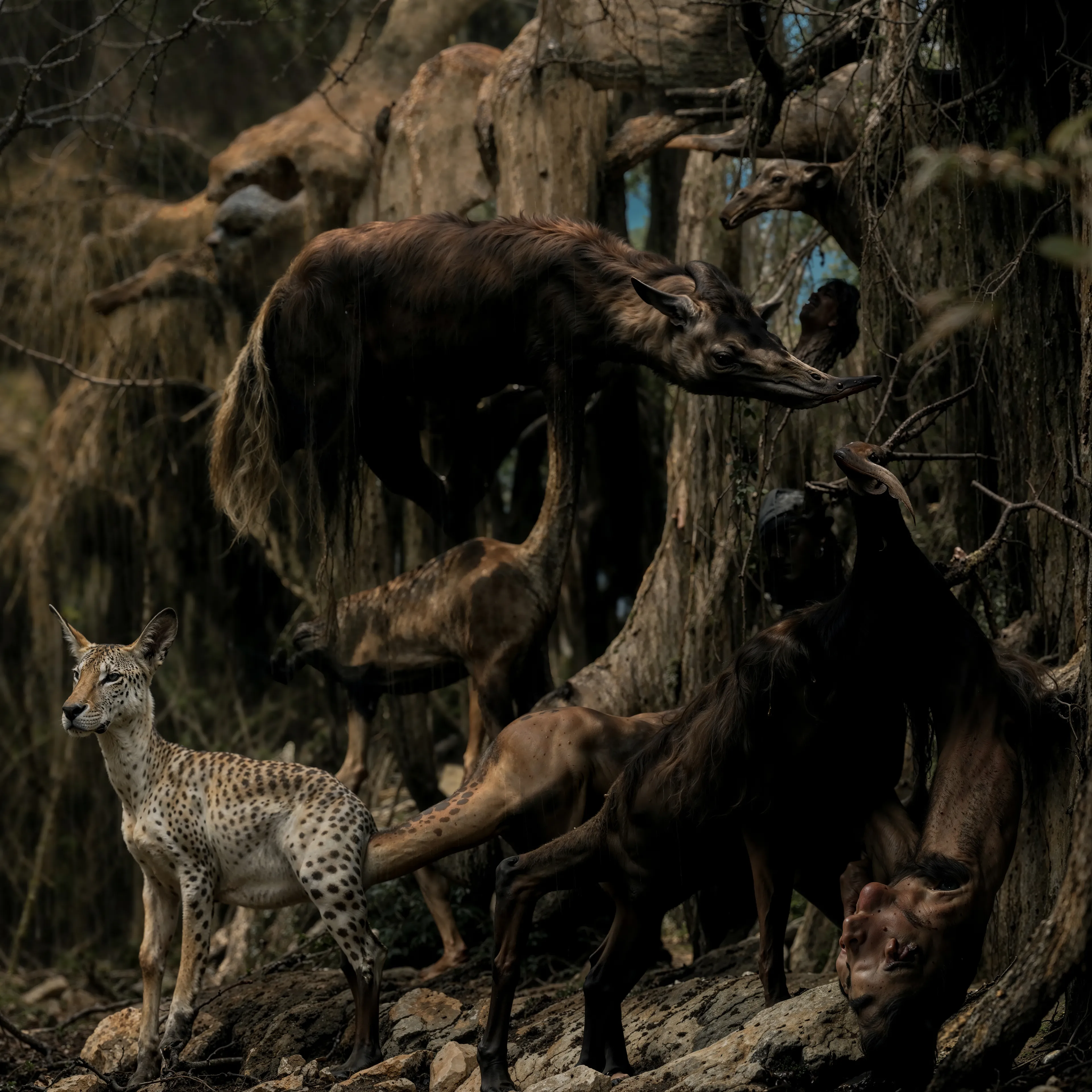 In this surreal vision, nature and beast merge in a delicate dance of instinct and mystery. Creatures with elongated forms and primal elegance seem suspended in a timeless forest—a space where existence folds into dream. The gnarled trees become both sanctuary and stage, as animals embody strange yet harmonious shapes, creating a haunting choreography of survival and surrender.

This piece evokes the blurred line between predator and prey, and the raw beauty of beings unchained from human perception. It invites the viewer into a liminal realm, a meditation on the sacred wilderness, where the forest’s heartbeat pulses through every creature's gaze and gesture. A fleeting glimpse of a world where the ancient soul of nature reigns without boundaries.

2024
Domingo Pablo