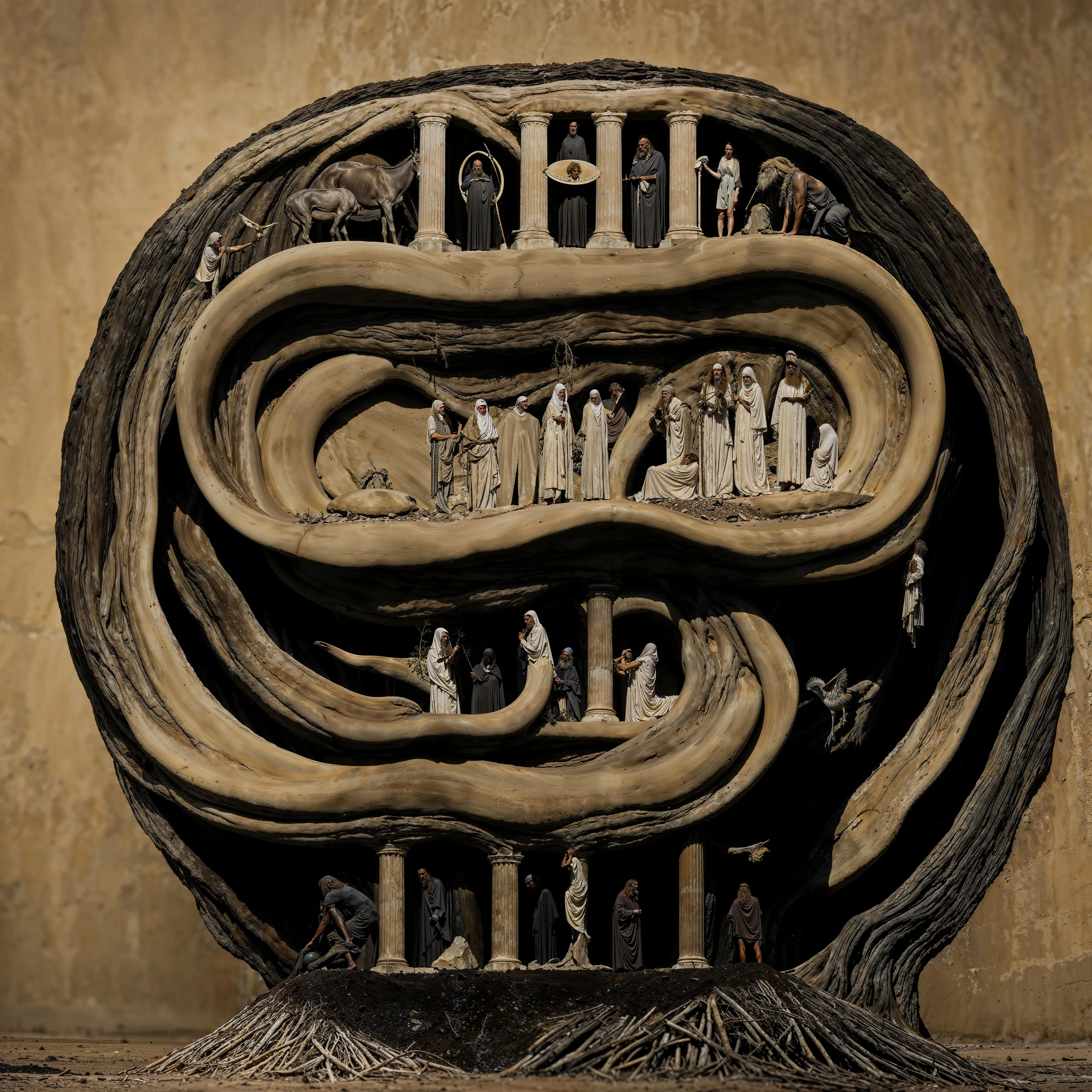 In this surreal theater of existence, figures ascend and descend through ancient, labyrinthine passageways, as if caught in a dream both timeless and eternal. "The Game of Life" reveals an intricate world where the ancient myths and spiritual echoes intertwine, locked in a delicate balance of life and fate.

Pillars rise like forgotten relics of civilizations long past, entwined with roots that stretch beyond the edge of time itself. The figures, frozen yet alive, journey through the endless maze, caught between the shadows of mystery and the light of revelation. Are we not mere players in this cosmic drama, moving to the unseen rhythms that guide us toward an unknown destiny?

Within the folds of this image, the title "The Game of Life" is hidden like a forgotten secret, suggesting that this is no mere artwork, but an invitation to explore the deeper, surreal truths that govern the dance of life itself.

2024
Domingo Pablo