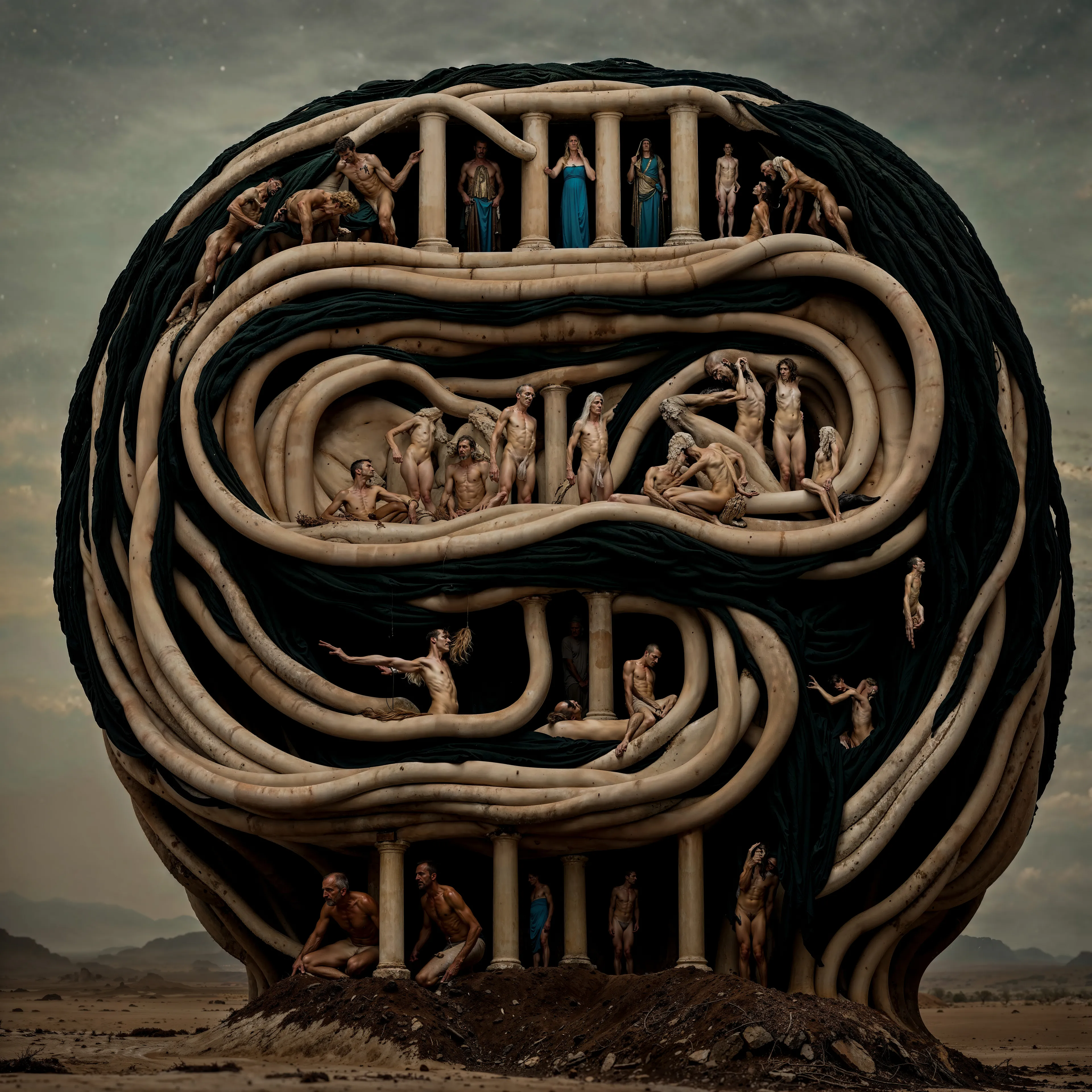 In the winding corridors of existence, where reality merges with dream, we find ourselves woven into this towering structure of roots and flesh. Each figure, each gesture, seems both familiar and foreign—myths intertwined with bone, truths whispered through ancient halls. Here, time folds in on itself, and the boundaries between soul and society dissolve like mist. Are we the creators of this labyrinth, or mere wanderers caught in its eternal grasp? As you gaze into this realm, ask yourself: where do you stand in the dance between the forgotten past and an imagined future? What if the walls around you aren’t made of stone, but of the stories you’ve forgotten to tell?