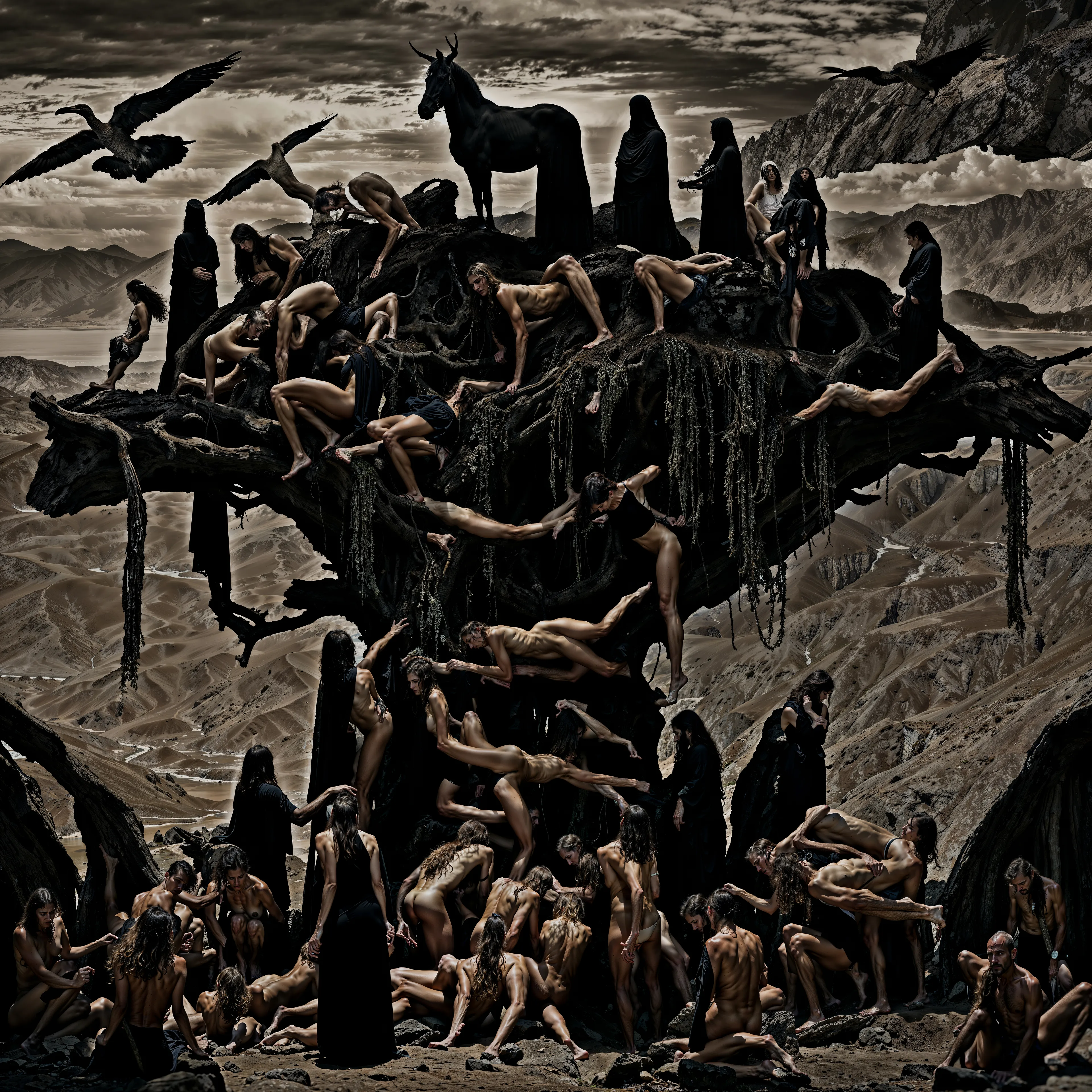 This piece captures a surreal convergence of human and mythical forms, clinging to the edges of a precarious cliff. A black horse stands stoically at the summit, like a silent oracle presiding over a mass of tangled bodies and figures in ritual-like ascension. Hooded beings linger in the shadows, their presence evoking ancient knowledge and silent witness to the struggles below.

The figures—crawling, climbing, and reaching—mirror the human quest for transcendence, an endless climb toward meaning, balance, and survival. The landscape is harsh, barren, yet alive with symbolism: flight, resistance, and the unyielding pull of gravity.

This artwork serves as a meditation on duality: life and death, struggle and stillness, ascent and fall. It invites us to reflect on our own journeys—are we climbing toward something, or merely holding on?

2024
Domingo Pablo
