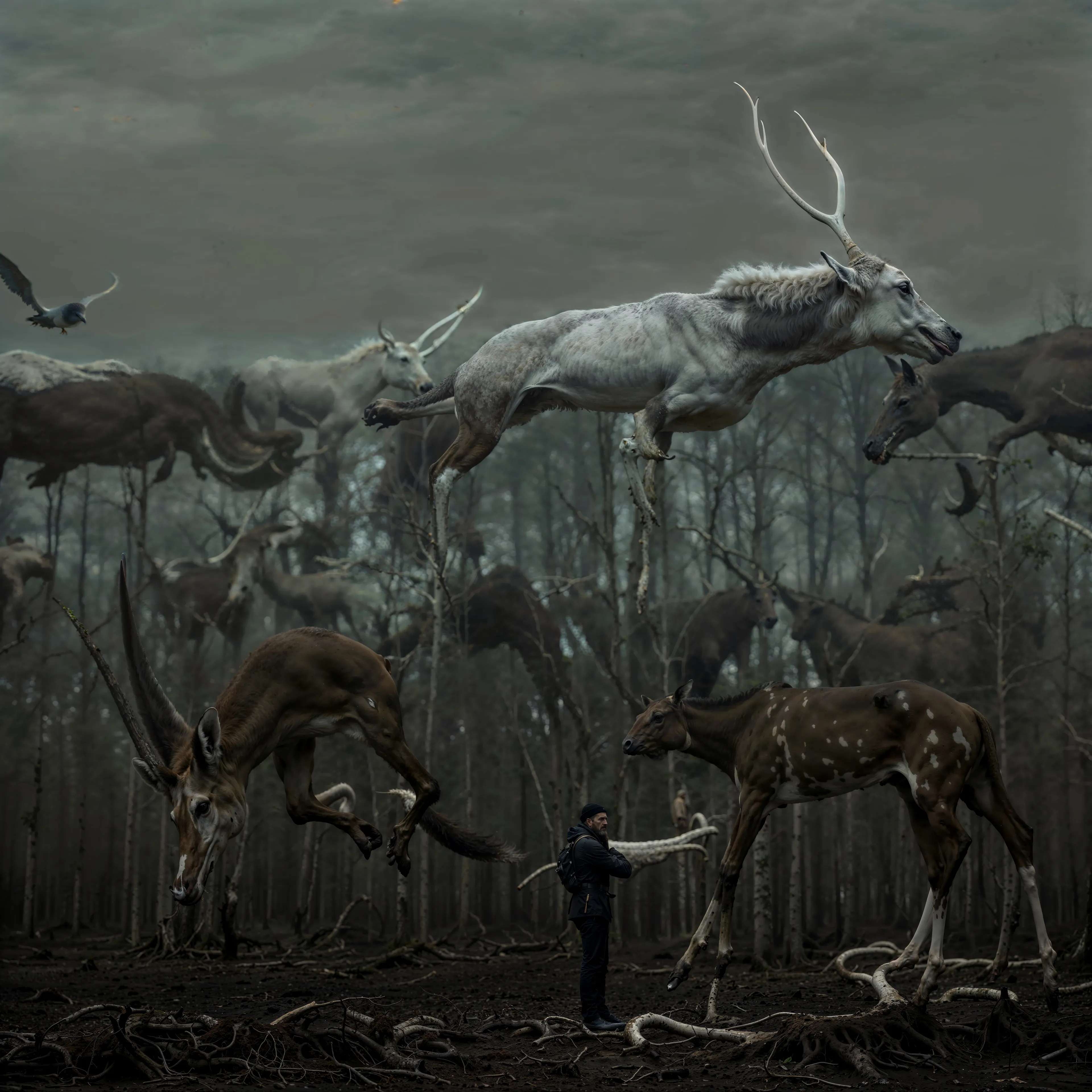 In a surreal forest of muted light and somber hues, towering beasts float and roam, tethered to the earth by slender, root-like vines. Their massive, graceful forms hover silently, suspended in a mysterious communion that transcends time and space. A lone figure stands below, dwarfed yet fearless, as if drawn into the presence of these ethereal creatures by a deeper calling. Each creature, part myth and part nature, carries a quiet wisdom in its gaze—a bridge between worlds, where ancient spirit meets modern soul. This piece explores the delicate balance between humanity and the natural forces that govern us, inviting viewers to consider our place within the tapestry of life, humility, and awe.

2024
Domingo Pablo