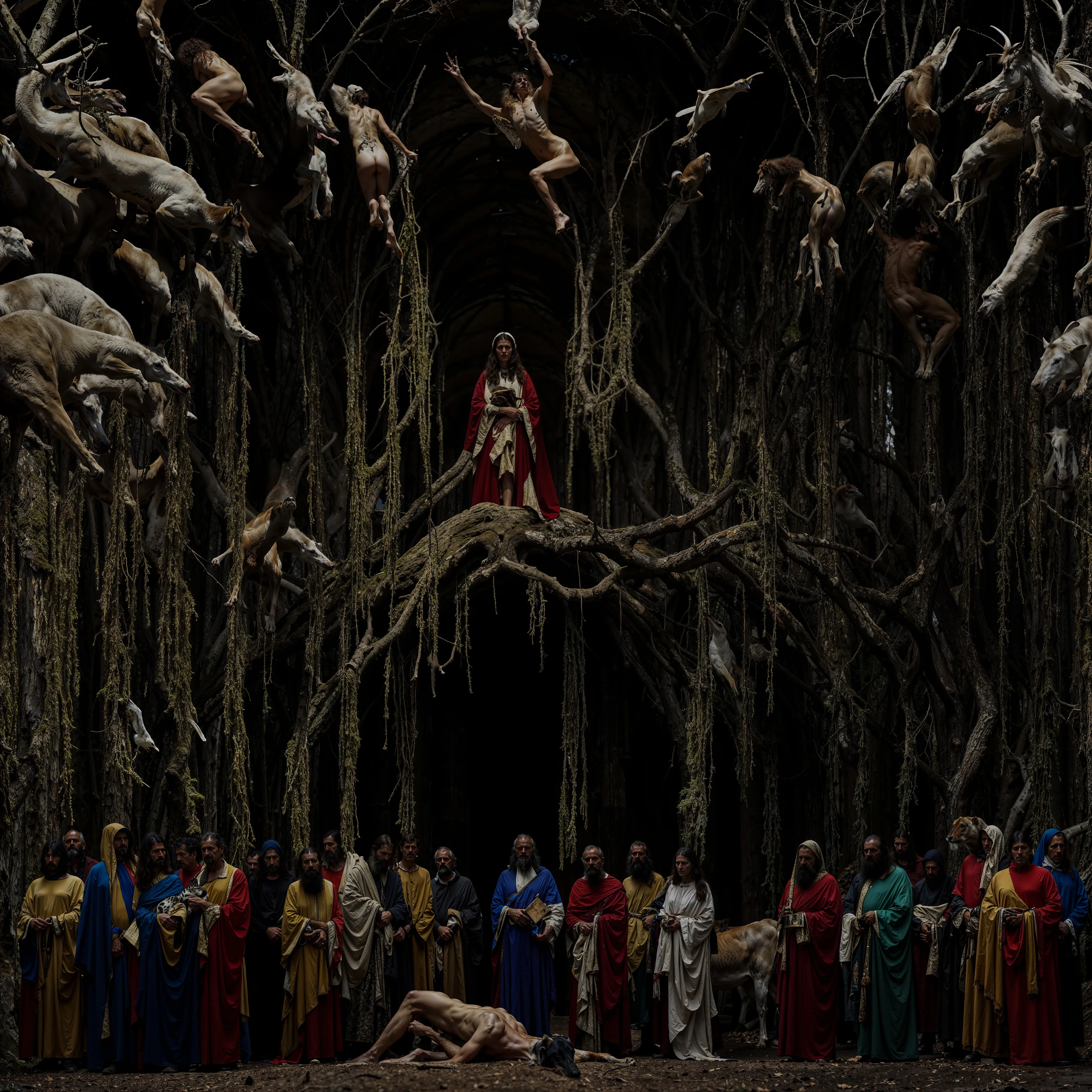 In this otherworldly tableau, the boundaries between heaven and earth collapse, as ancient beings ascend and descend along a primordial tree. Figures draped in vibrant robes, like forgotten apostles, stand witness to the celestial and the animal merging. Suspended in mid-air, ethereal creatures—part human, part beast—grasp at eternity as if reaching for lost truths. Above, a solemn figure stands atop the root-covered throne, embodying both a guardian and a prophet of this mystic convergence. Below, a solitary soul lies intertwined with the earth, caught between the cycles of life and death, reality and myth.

The scene whispers of an ancient cosmic dance, where beings of different realms intertwine and the sacred rites of life unfold. What part do we play in this eternal drama?

2024
Domingo Pablo