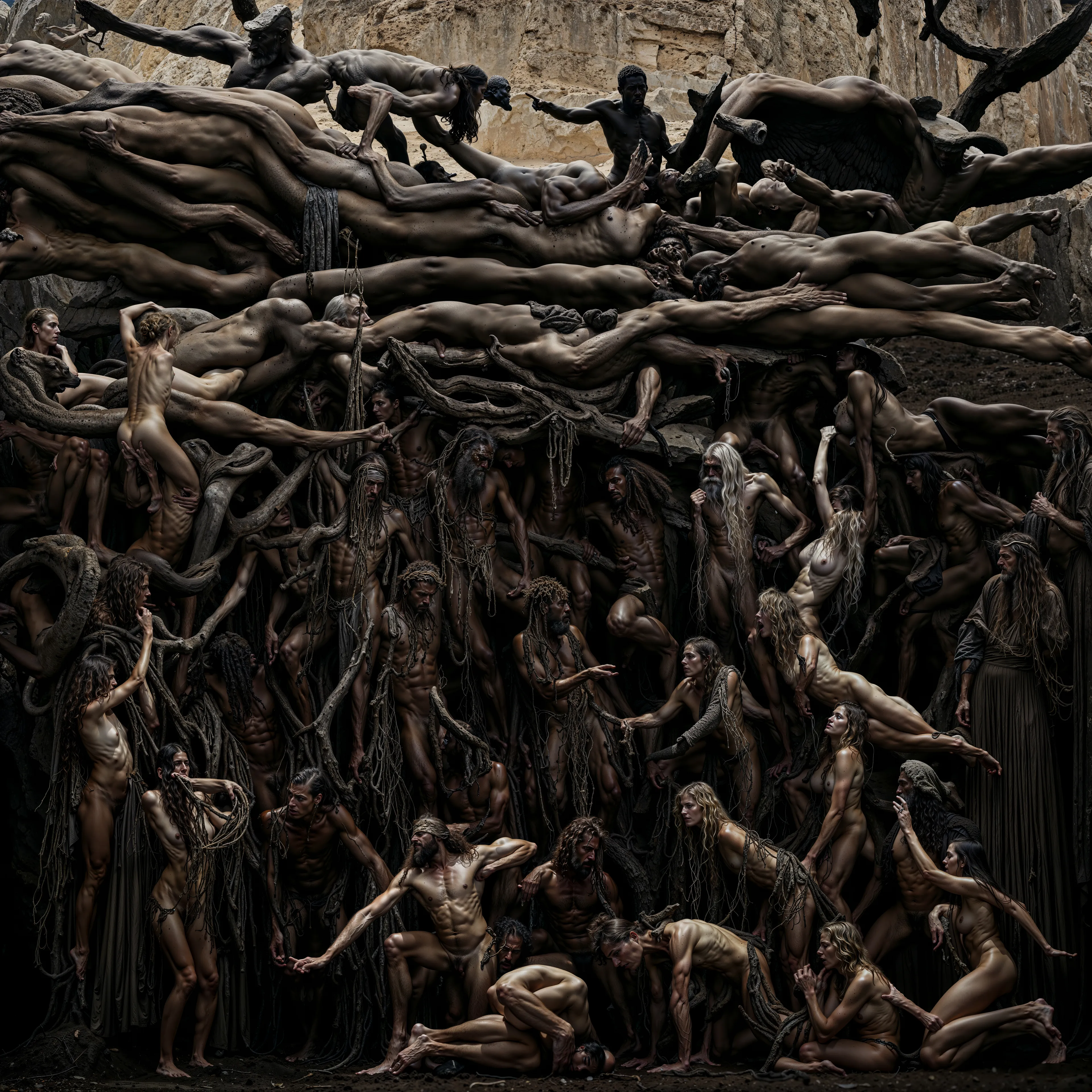 In "Syntonia: Emergence of the Ancestors," human figures intertwined with nature reveal the ancient and primal forces that shape society. Each figure is a living root in the tree of life, symbolizing the unity and complexity of the human condition. Through surreal, interconnected bodies, the artwork invites reflection on the ties that bind us—both to each other and to the earth—suggesting a seamless transition between the natural and the digital realms. This piece embodies the convergence of organic and synthetic, the eternal dance of life, and the evolution of societies, frozen in a moment of mystical clarity.

This artwork is a testament to the intricate web of existence, where every individual contributes to the collective whole. The detailed interplay of light and shadow in the composition draws the viewer deeper into this complex tapestry, offering a glimpse into a world where the boundaries between man, nature, and machine dissolve into one continuous flow.

2024
Domingo Pablo
