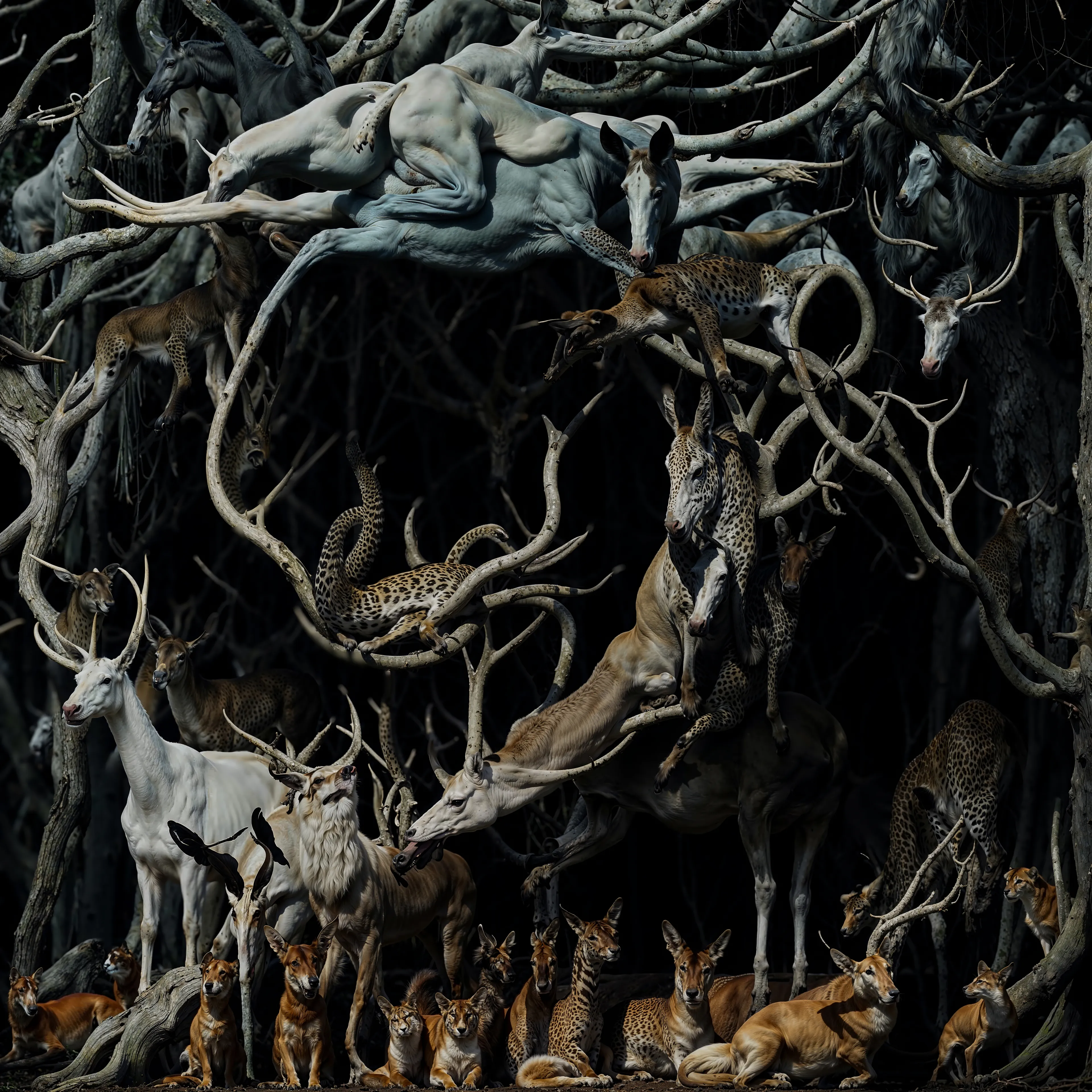 The harmonious dance between nature and technology. Each animal symbolizes an aspect of nature’s wisdom, entwined with the surreal tendrils of organic geometry, forming a mythological convergence. The intertwined beasts embody evolution’s complexity, where species coexist beyond time, presenting an enigmatic bond between reality and the AI-crafted world. As you zoom into the rich details, you discover new layers of existence—each creature an expression of a different epoch, a testament to the infinite cycles of life.

2024
Domingo Pablo