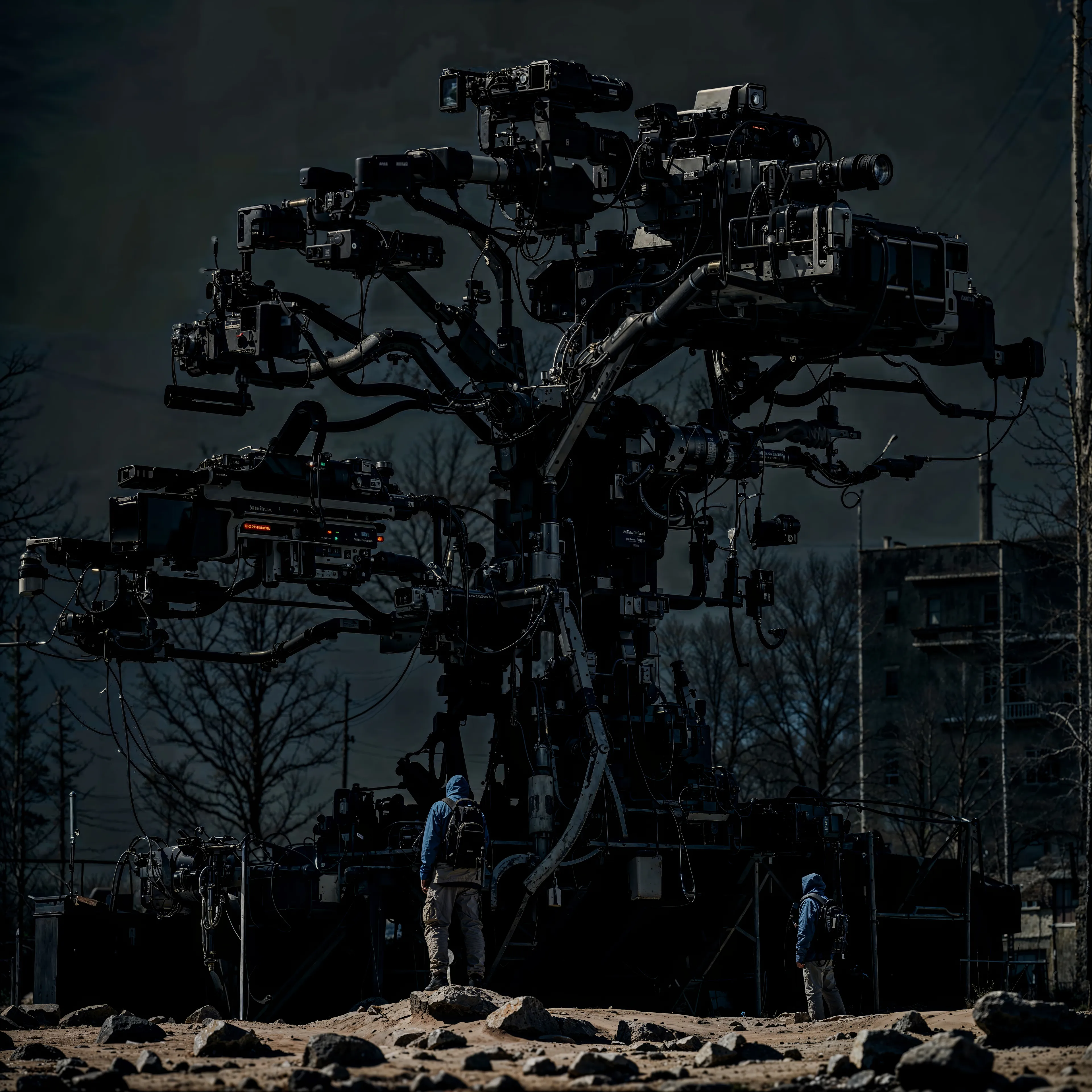 In a desolate landscape, the organic merges with the mechanical, forming a tree of surveillance. This towering structure, made of cameras, cables, and industrial limbs, reaches upward like a modern monument to technology's omnipresence. Tiny figures at its base stand dwarfed by its immense presence, contemplating the new form of life it represents—a tree that does not grow leaves but records. The piece invites reflection on the human relationship with technology, surveillance, and control. Are we the observers, or are we the ones being observed, consumed by the very systems we’ve built? The tree stands as both an object of awe and a warning, signaling the complexity of human progress and the entanglement of power in the digital age.

The blurred boundaries between natural order and technological ambition. It captures the haunting beauty of innovation and the unsettling question of how rooted we’ve become in a reality shaped by surveillance.

2024
Domingo Pablo