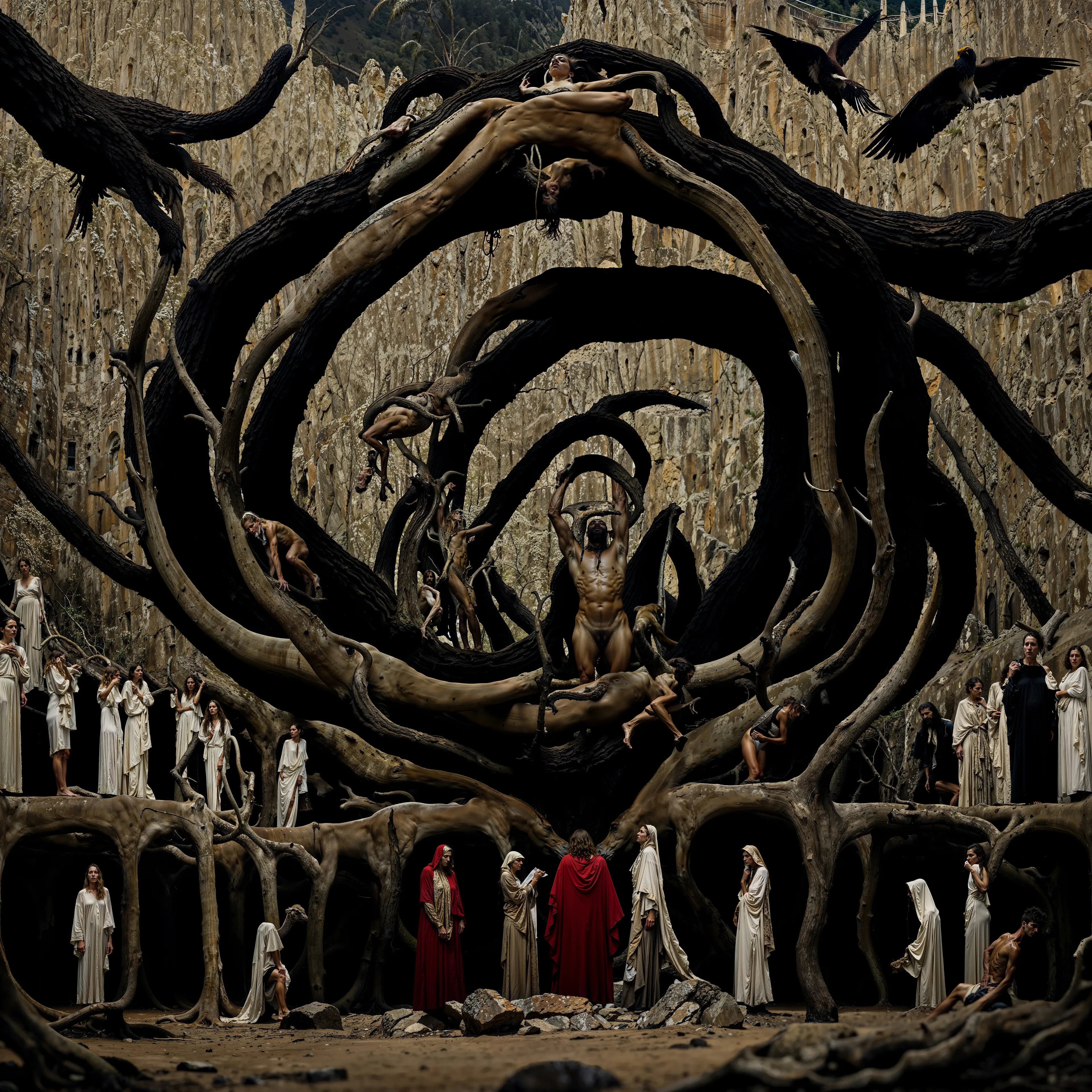 In this piece, divine and human worlds intertwine within a labyrinthine cathedral of roots. Figures are locked in an eternal dance of tension and release, suspended between power and submission. A central figure, bound by the arcs of these ancient roots, embodies both the struggle and triumph of existence. Surrounding him, draped figures observe, some as silent witnesses, others as silent judges, their presence invoking a forgotten mythology.

At the heart of this organic and architectural fusion, the roots twist upwards, lifting bodies toward transcendence while keeping others grounded in earthly fate. It asks: Are we captives of our roots or liberated by them? A symphony of ascension and entanglement, The Rooted Pantheon explores the unending duality between the sacred and the mundane, growth and decay—where every branch is a path, and every root holds a story.

2024
Domingo Pablo