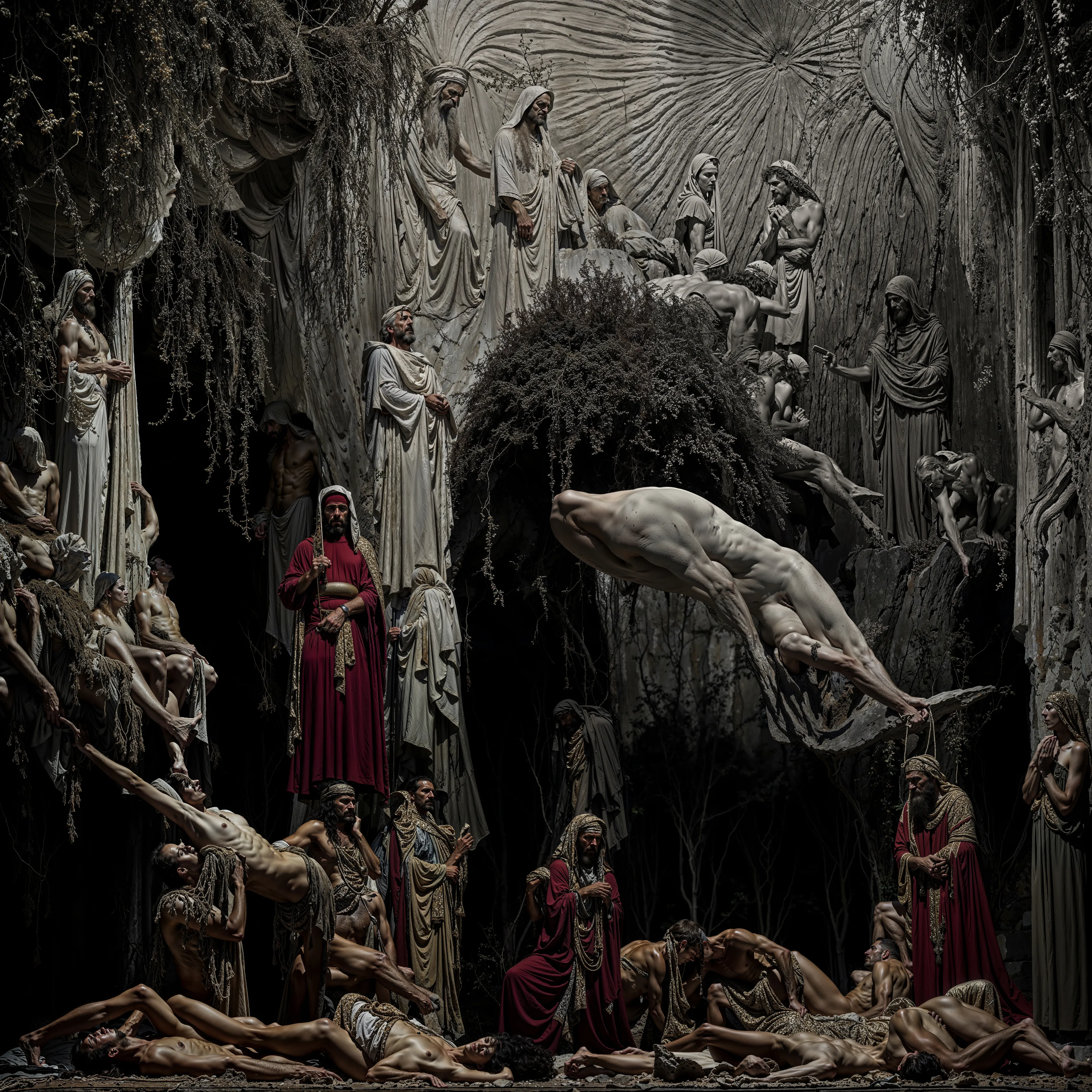 In this celestial chamber, the fabric of time unravels as figures from both heaven and earth bear witness to the transcendent moment of ascension. Draped in ancient robes, stoic beings stand guard over the ethereal flight of the soul, suspended between life and eternity. The scene pulsates with an energy both divine and human, as sacred rites unfold in the shadows of life’s greatest mystery—death and rebirth.

At the center, a luminous figure defies gravity, caught in the fluid motion of transcendence, while those below, entangled in the mortal coil, stretch toward the light. Surrounding them, stone-like guardians carved from the past observe with reverence, as the living and the eternal merge in a surreal dance of flesh and spirit. What awaits beyond this moment? A question whispered across time.

2024
Domingo Pablo