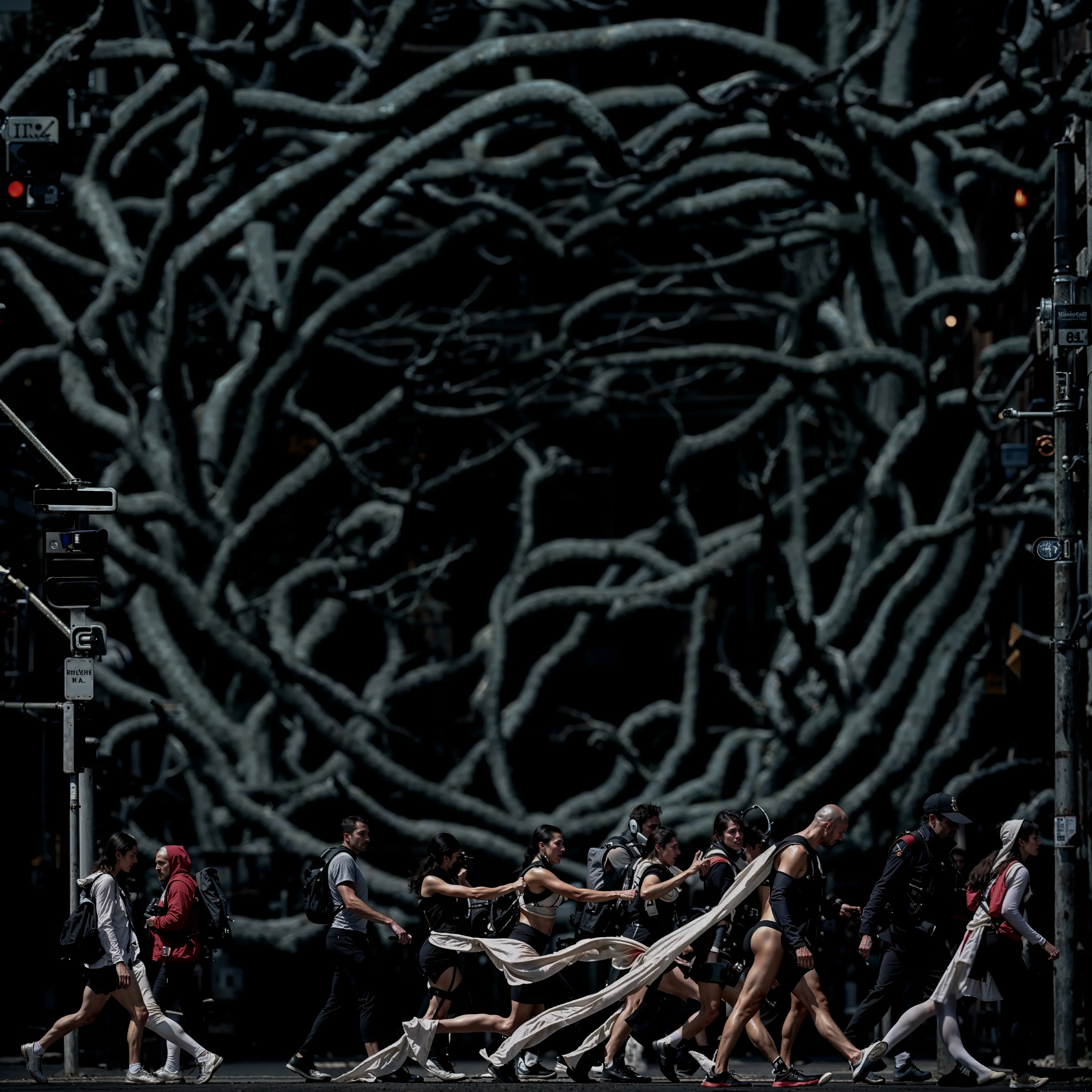 A fleeting moment where two dimensions collide. A crowd moves purposefully through a city street, unaware that their every step is woven into the tangled roots of another realm—a labyrinthine forest etched across time. These roots, a metaphor for interconnected thoughts, memories, and pathways, seem to pulse behind the figures like an ancient mural, witnessing their hurried existence.

The figures appear entangled in their routines, while the fabric they pull stretches like a symbolic tether between realms, suggesting the inescapable flow of history and destiny. The lines between nature and the city, the past and future, blur in this dynamic snapshot—inviting the viewer to contemplate: are they moving forward, or are they drawn back into the eternal web of life?

This piece explores the tension between human progress and the primal forces that lie just beneath the surface of everyday life, offering a hypnotic glimpse of the deeper connections that shape existence.

2024
Domingo Pablo