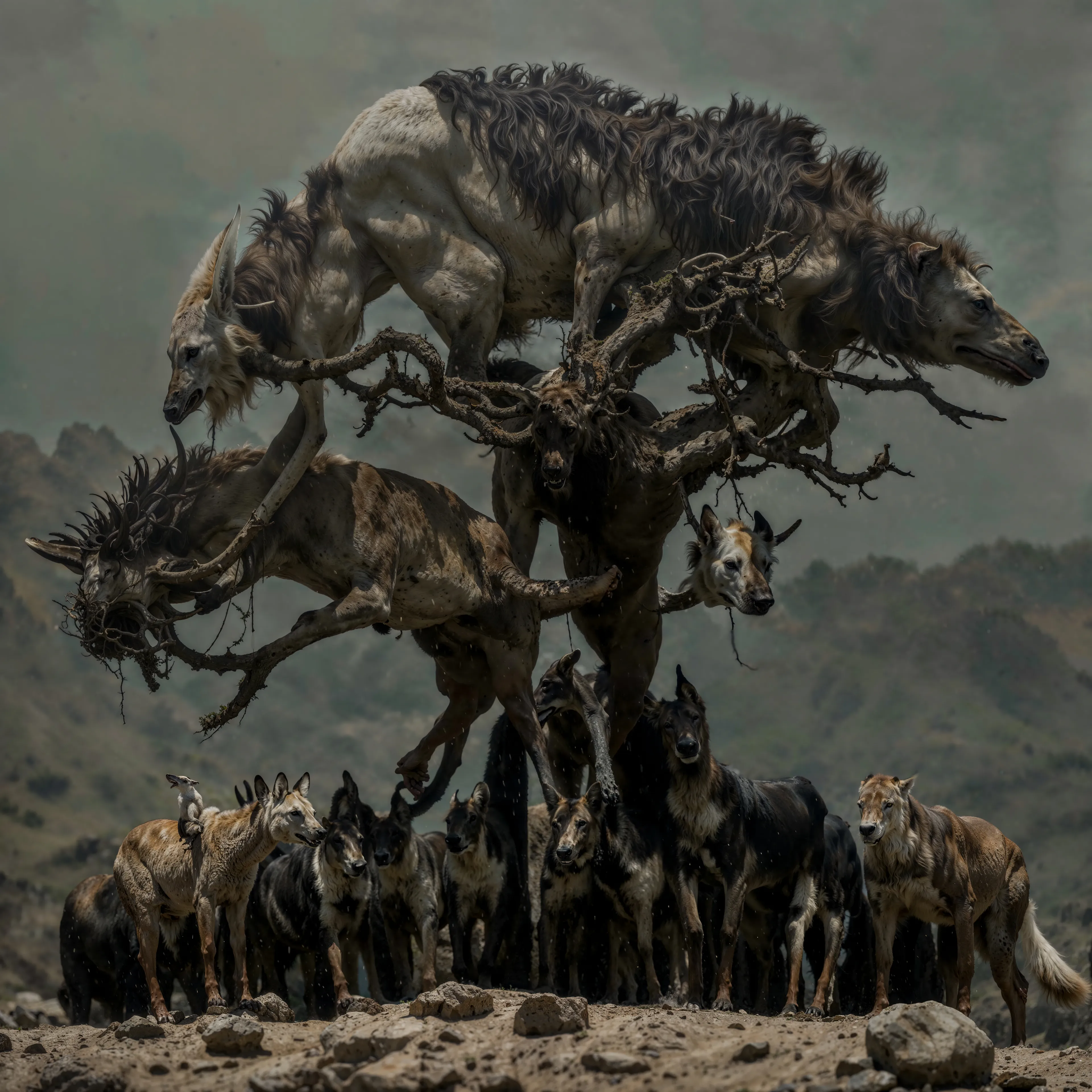 In a stormy wilderness, where nature’s power twists the sky and earth, an ethereal gathering takes form. Great, gnarled beasts—part creature, part ancient tree—float above, their tangled roots reaching into the earth and air alike. Below them, an assembly of wild canines stand watch, guardians of an untold mystery. The entire scene feels on the verge of breaking the line between realms, where gravity no longer binds and nature’s chaos is the ultimate law. The figures, both mythical and primal, seem caught in the eternal struggle for balance, reminding us of our roots in the wild.

2024
Domingo Pablo