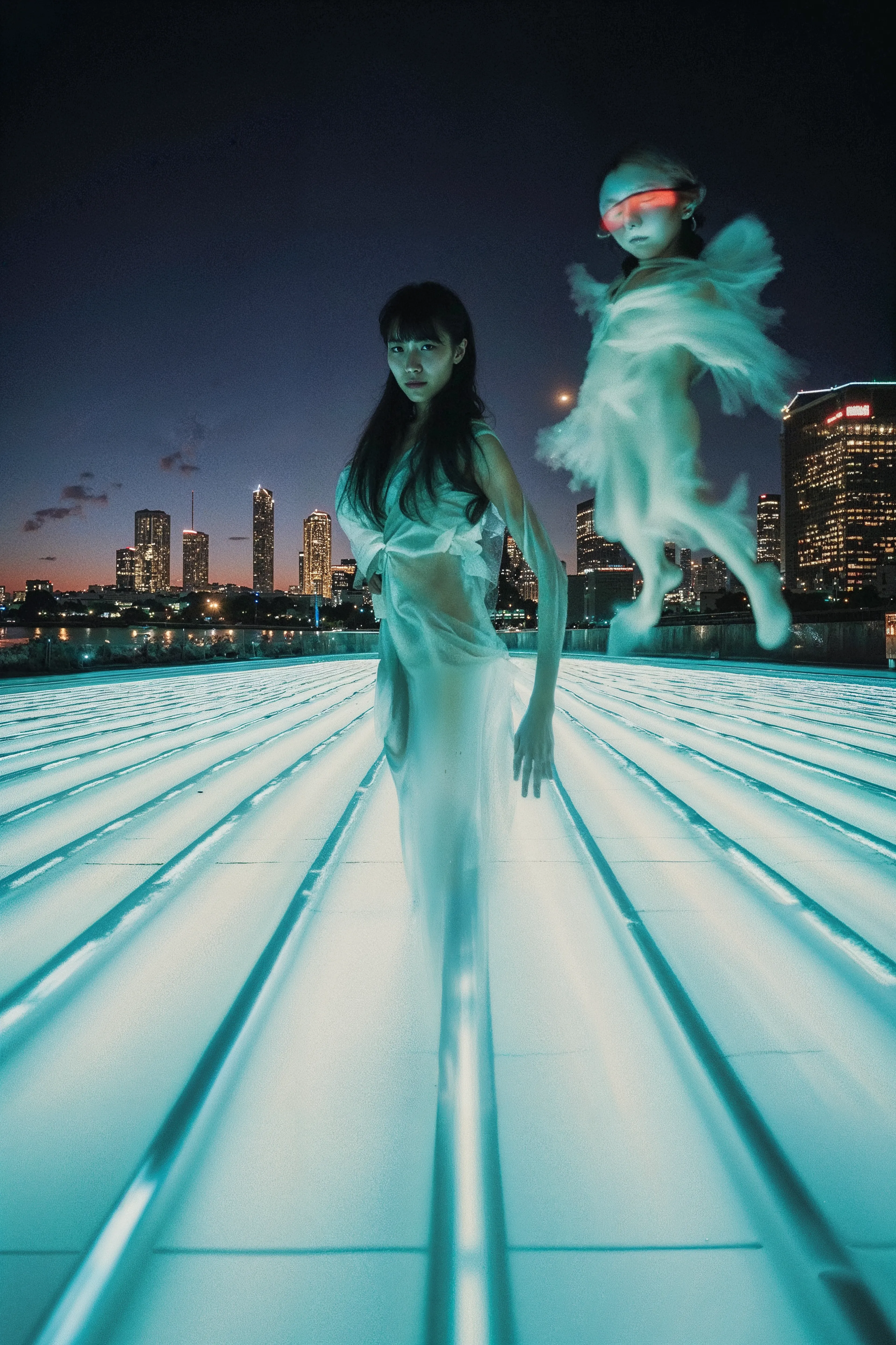 None of the people depicted here exist. They are fictional portraits generated by an AI, referencing the world of the 1995 film Ghost in the Shell and interwoven with fragments of the artist's own facial data, treated as an impersonal material like paint. Inhabiting their cybernetic bodies, these figures exude a sense of drama, sorrow, and intimacy in their quiet, everyday moments.

This series embodies the paradox of being "empty, yet multiplying," as non-existent images proliferate before our eyes. Infinitely replicated and expanded by AI, these images begin to invade our memory as seemingly authentic fragments of a past. In Buddhist thought, the self is not a fixed entity but a transient phenomenon (kū), momentarily formed by a confluence of conditions. How, then, does our self-perception transform when AI statistically generates and multiplies this "empty self"?

Furthermore, fragments of the artist are embedded within these generated figures. They are not entirely other, but rather "anonymous selves" that carry the artist's shadow. Viewers may find a faint sense of déjà vu in the countless faces, just as the artist seeks out scattered pieces of her own identity within them. This reveals a process that points to the Buddhist concept of engi(dependent origination): the self is not a solitary entity, but is conditionally formed only through its relationship with countless others.