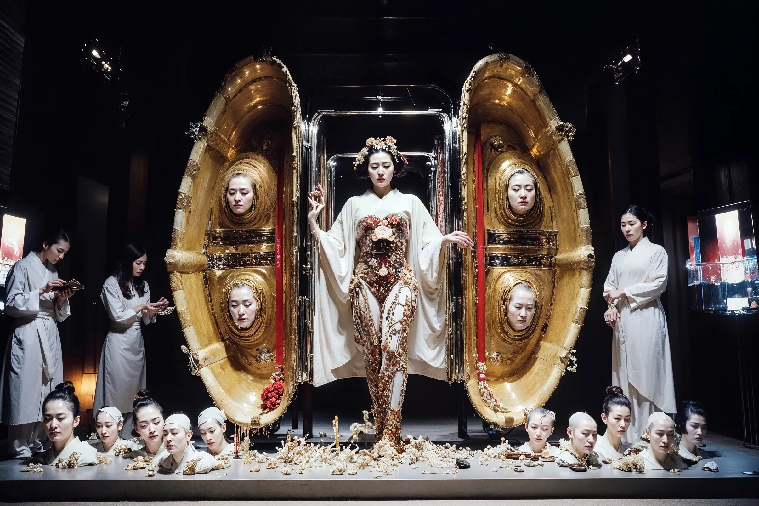 None of the people depicted here exist. They are fictional portraits generated by an AI, referencing the world of the 1995 film Ghost in the Shell and interwoven with fragments of the artist's own facial data, treated as an impersonal material like paint. Inhabiting their cybernetic bodies, these figures exude a sense of drama, sorrow, and intimacy in their quiet, everyday moments.

This series embodies the paradox of being "empty, yet multiplying," as non-existent images proliferate before our eyes. Infinitely replicated and expanded by AI, these images begin to invade our memory as seemingly authentic fragments of a past. In Buddhist thought, the self is not a fixed entity but a transient phenomenon (kū), momentarily formed by a confluence of conditions. How, then, does our self-perception transform when AI statistically generates and multiplies this "empty self"?

Furthermore, fragments of the artist are embedded within these generated figures. They are not entirely other, but rather "anonymous selves" that carry the artist's shadow. Viewers may find a faint sense of déjà vu in the countless faces, just as the artist seeks out scattered pieces of her own identity within them. This reveals a process that points to the Buddhist concept of engi(dependent origination): the self is not a solitary entity, but is conditionally formed only through its relationship with countless others.  
