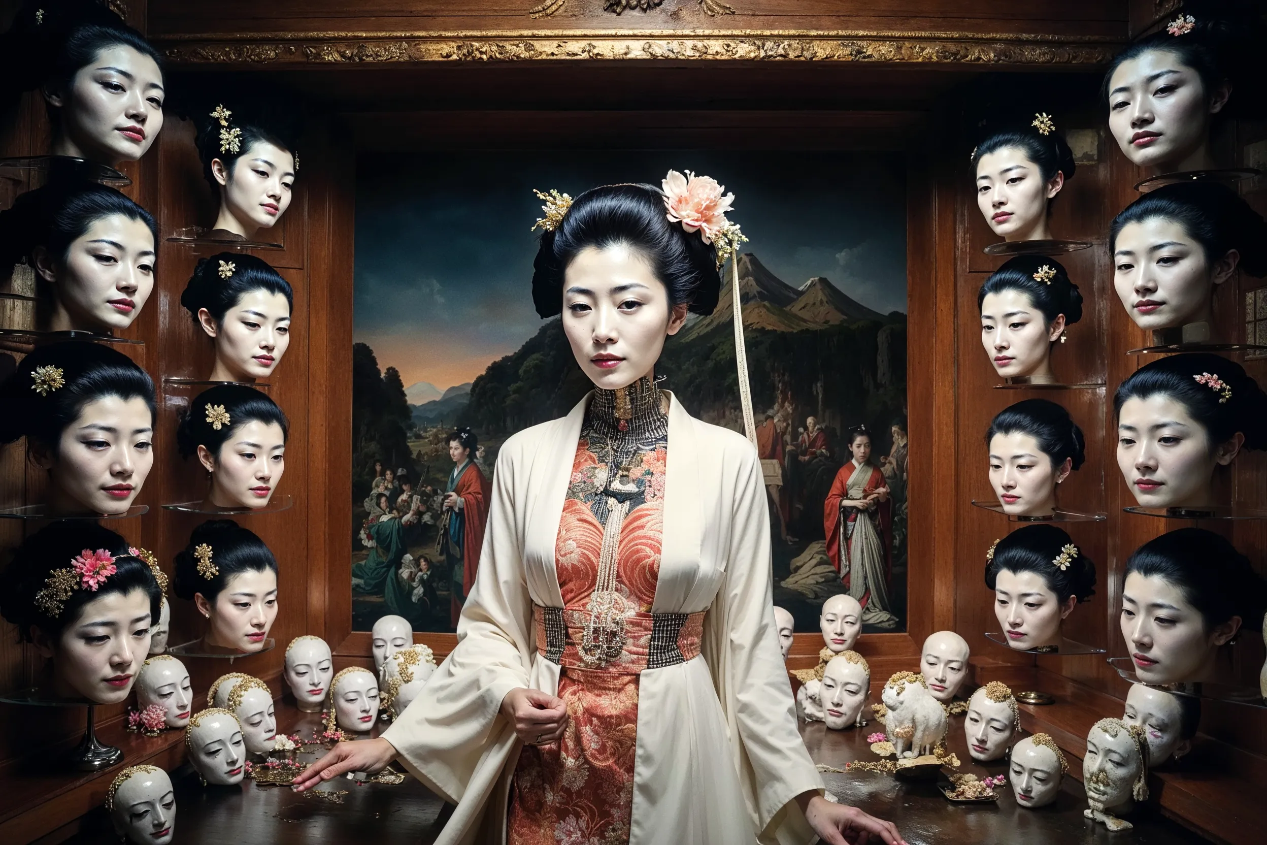 None of the people depicted here exist. They are fictional portraits generated by an AI, referencing the world of the 1995 film Ghost in the Shell and interwoven with fragments of the artist's own facial data, treated as an impersonal material like paint. Inhabiting their cybernetic bodies, these figures exude a sense of drama, sorrow, and intimacy in their quiet, everyday moments.

This series embodies the paradox of being "empty, yet multiplying," as non-existent images proliferate before our eyes. Infinitely replicated and expanded by AI, these images begin to invade our memory as seemingly authentic fragments of a past. In Buddhist thought, the self is not a fixed entity but a transient phenomenon (kū), momentarily formed by a confluence of conditions. How, then, does our self-perception transform when AI statistically generates and multiplies this "empty self"?

Furthermore, fragments of the artist are embedded within these generated figures. They are not entirely other, but rather "anonymous selves" that carry the artist's shadow. Viewers may find a faint sense of déjà vu in the countless faces, just as the artist seeks out scattered pieces of her own identity within them. This reveals a process that points to the Buddhist concept of engi(dependent origination): the self is not a solitary entity, but is conditionally formed only through its relationship with countless others.