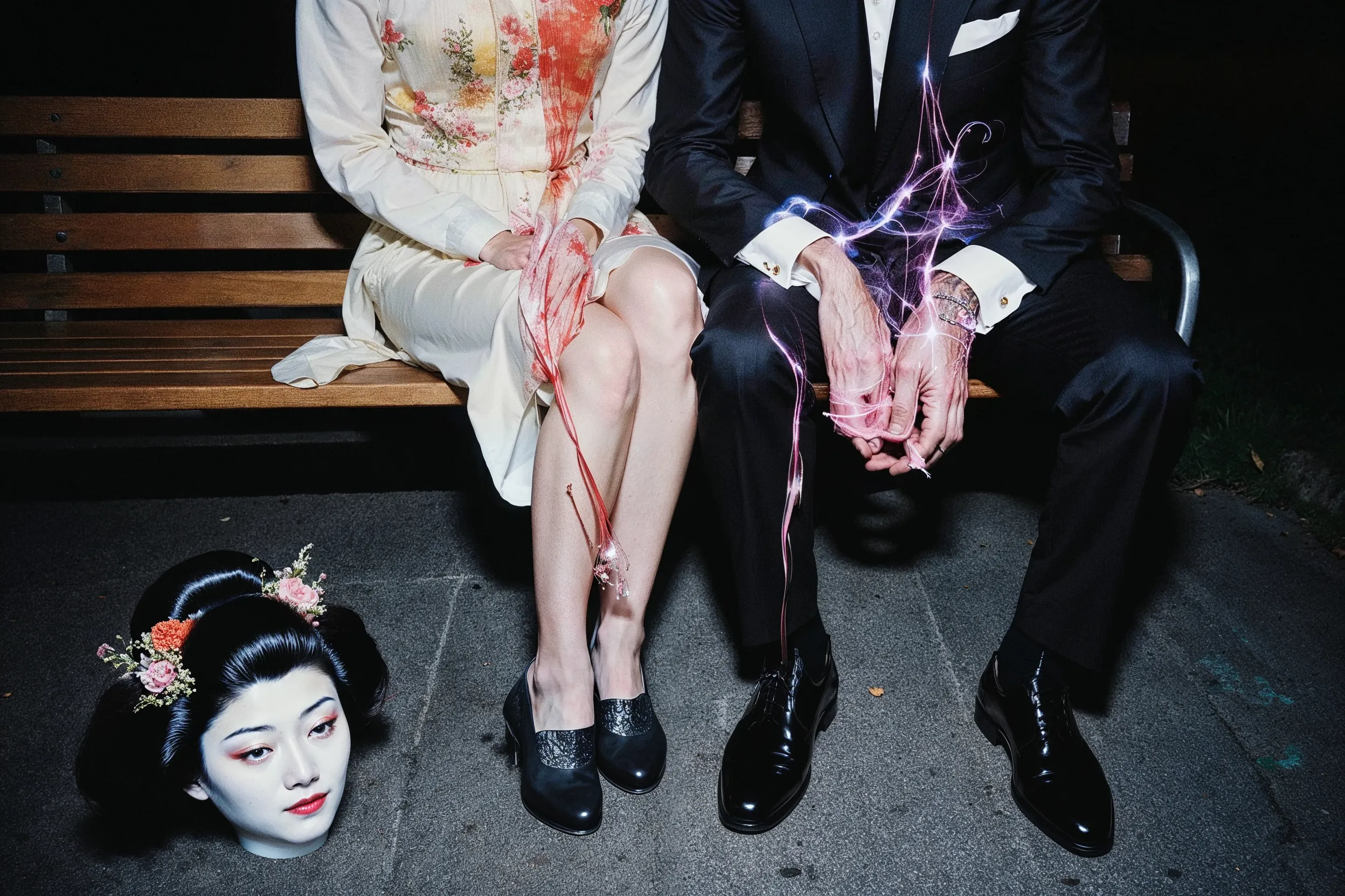 None of the people depicted here exist. They are fictional portraits generated by an AI, referencing the world of the 1995 film Ghost in the Shell and interwoven with fragments of the artist's own facial data, treated as an impersonal material like paint. Inhabiting their cybernetic bodies, these figures exude a sense of drama, sorrow, and intimacy in their quiet, everyday moments.

This series embodies the paradox of being "empty, yet multiplying," as non-existent images proliferate before our eyes. Infinitely replicated and expanded by AI, these images begin to invade our memory as seemingly authentic fragments of a past. In Buddhist thought, the self is not a fixed entity but a transient phenomenon (kū), momentarily formed by a confluence of conditions. How, then, does our self-perception transform when AI statistically generates and multiplies this "empty self"?

Furthermore, fragments of the artist are embedded within these generated figures. They are not entirely other, but rather "anonymous selves" that carry the artist's shadow. Viewers may find a faint sense of déjà vu in the countless faces, just as the artist seeks out scattered pieces of her own identity within them. This reveals a process that points to the Buddhist concept of engi(dependent origination): the self is not a solitary entity, but is conditionally formed only through its relationship with countless others.