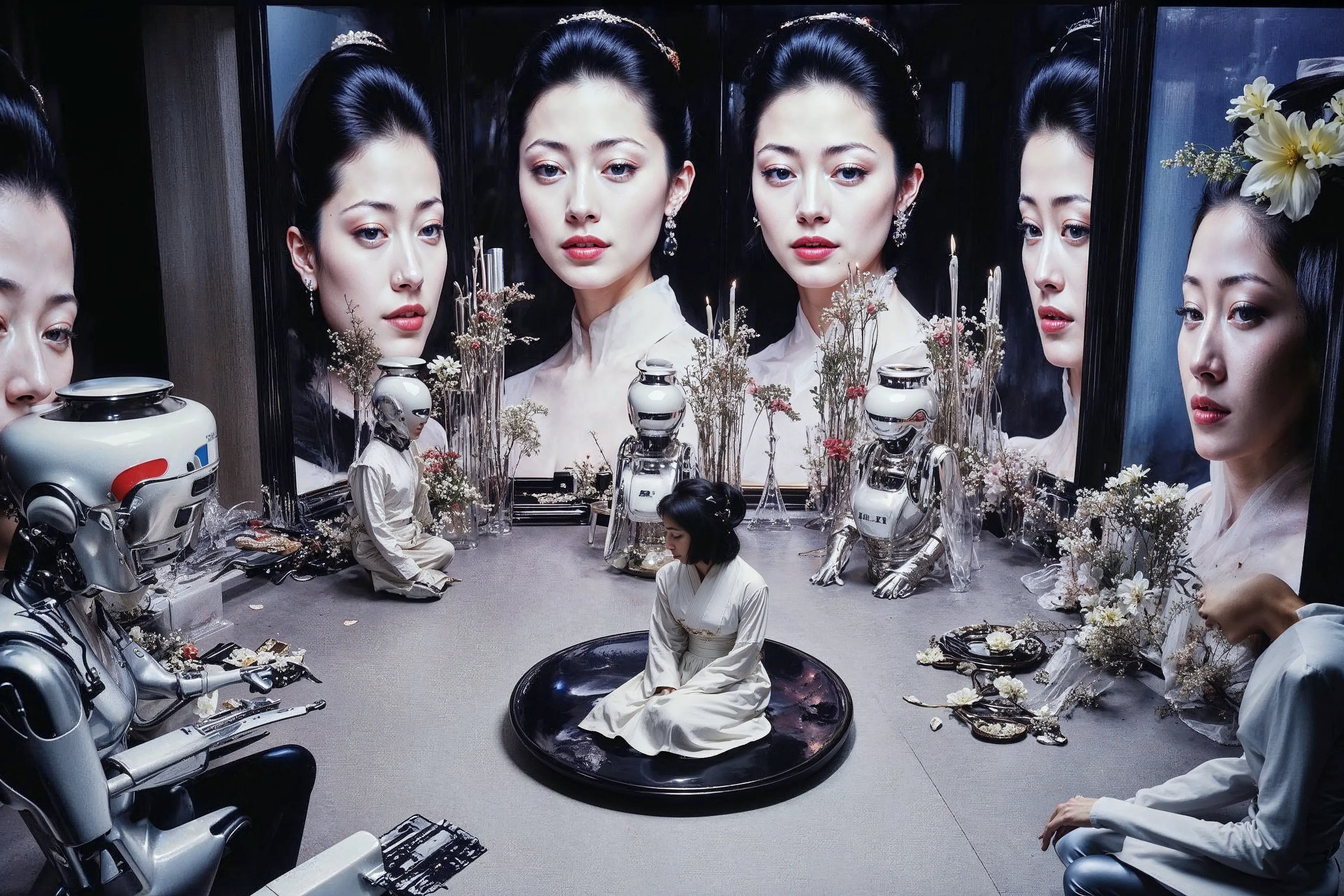 None of the people depicted here exist. They are fictional portraits generated by an AI, referencing the world of the 1995 film Ghost in the Shell and interwoven with fragments of the artist's own facial data, treated as an impersonal material like paint. Inhabiting their cybernetic bodies, these figures exude a sense of drama, sorrow, and intimacy in their quiet, everyday moments.

This series embodies the paradox of being "empty, yet multiplying," as non-existent images proliferate before our eyes. Infinitely replicated and expanded by AI, these images begin to invade our memory as seemingly authentic fragments of a past. In Buddhist thought, the self is not a fixed entity but a transient phenomenon (kū), momentarily formed by a confluence of conditions. How, then, does our self-perception transform when AI statistically generates and multiplies this "empty self"?

Furthermore, fragments of the artist are embedded within these generated figures. They are not entirely other, but rather "anonymous selves" that carry the artist's shadow. Viewers may find a faint sense of déjà vu in the countless faces, just as the artist seeks out scattered pieces of her own identity within them. This reveals a process that points to the Buddhist concept of engi(dependent origination): the self is not a solitary entity, but is conditionally formed only through its relationship with countless others.  
