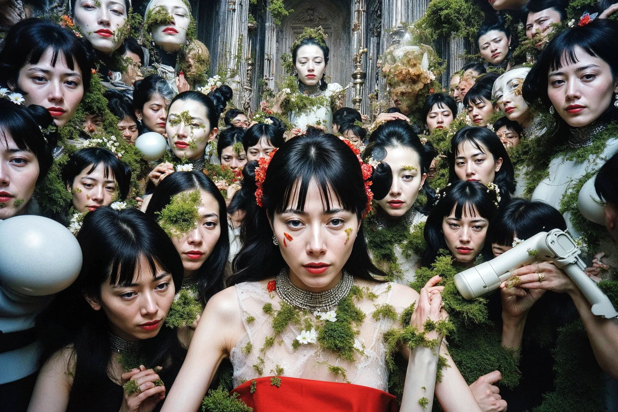 None of the people depicted here exist. They are fictional portraits generated by an AI, referencing the world of the 1995 film Ghost in the Shell and interwoven with fragments of the artist's own facial data, treated as an impersonal material like paint. Inhabiting their cybernetic bodies, these figures exude a sense of drama, sorrow, and intimacy in their quiet, everyday moments.

This series embodies the paradox of being "empty, yet multiplying," as non-existent images proliferate before our eyes. Infinitely replicated and expanded by AI, these images begin to invade our memory as seemingly authentic fragments of a past. In Buddhist thought, the self is not a fixed entity but a transient phenomenon (kū), momentarily formed by a confluence of conditions. How, then, does our self-perception transform when AI statistically generates and multiplies this "empty self"?

Furthermore, fragments of the artist are embedded within these generated figures. They are not entirely other, but rather "anonymous selves" that carry the artist's shadow. Viewers may find a faint sense of déjà vu in the countless faces, just as the artist seeks out scattered pieces of her own identity within them. This reveals a process that points to the Buddhist concept of engi(dependent origination): the self is not a solitary entity, but is conditionally formed only through its relationship with countless others.