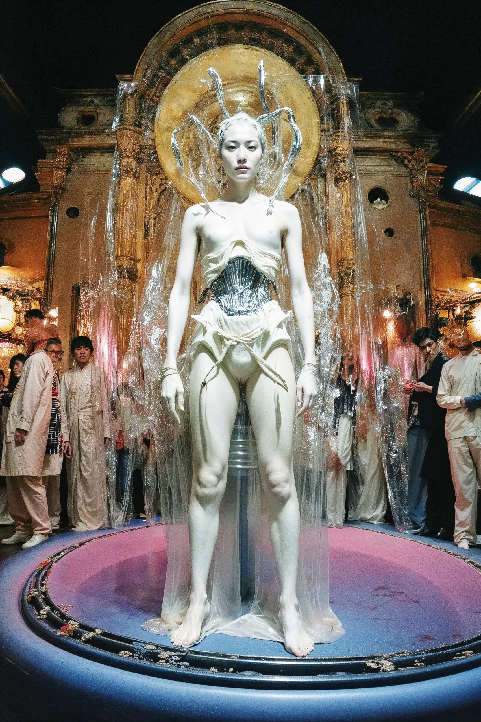 None of the people depicted here exist. They are fictional portraits generated by an AI, referencing the world of the 1995 film Ghost in the Shell and interwoven with fragments of the artist's own facial data, treated as an impersonal material like paint. Inhabiting their cybernetic bodies, these figures exude a sense of drama, sorrow, and intimacy in their quiet, everyday moments.

This series embodies the paradox of being "empty, yet multiplying," as non-existent images proliferate before our eyes. Infinitely replicated and expanded by AI, these images begin to invade our memory as seemingly authentic fragments of a past. In Buddhist thought, the self is not a fixed entity but a transient phenomenon (kū), momentarily formed by a confluence of conditions. How, then, does our self-perception transform when AI statistically generates and multiplies this "empty self"?

Furthermore, fragments of the artist are embedded within these generated figures. They are not entirely other, but rather "anonymous selves" that carry the artist's shadow. Viewers may find a faint sense of déjà vu in the countless faces, just as the artist seeks out scattered pieces of her own identity within them. This reveals a process that points to the Buddhist concept of engi(dependent origination): the self is not a solitary entity, but is conditionally formed only through its relationship with countless others.