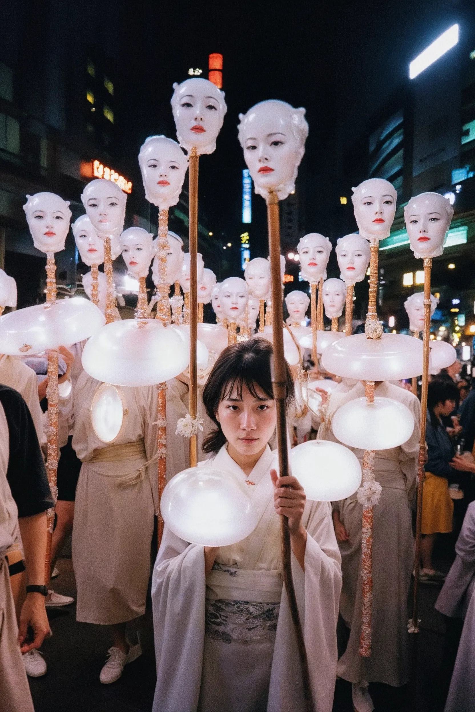 None of the people depicted here exist. They are fictional portraits generated by an AI, referencing the world of the 1995 film Ghost in the Shell and interwoven with fragments of the artist's own facial data, treated as an impersonal material like paint. Inhabiting their cybernetic bodies, these figures exude a sense of drama, sorrow, and intimacy in their quiet, everyday moments.

This series embodies the paradox of being "empty, yet multiplying," as non-existent images proliferate before our eyes. Infinitely replicated and expanded by AI, these images begin to invade our memory as seemingly authentic fragments of a past. In Buddhist thought, the self is not a fixed entity but a transient phenomenon (kū), momentarily formed by a confluence of conditions. How, then, does our self-perception transform when AI statistically generates and multiplies this "empty self"?

Furthermore, fragments of the artist are embedded within these generated figures. They are not entirely other, but rather "anonymous selves" that carry the artist's shadow. Viewers may find a faint sense of déjà vu in the countless faces, just as the artist seeks out scattered pieces of her own identity within them. This reveals a process that points to the Buddhist concept of engi(dependent origination): the self is not a solitary entity, but is conditionally formed only through its relationship with countless others.  
