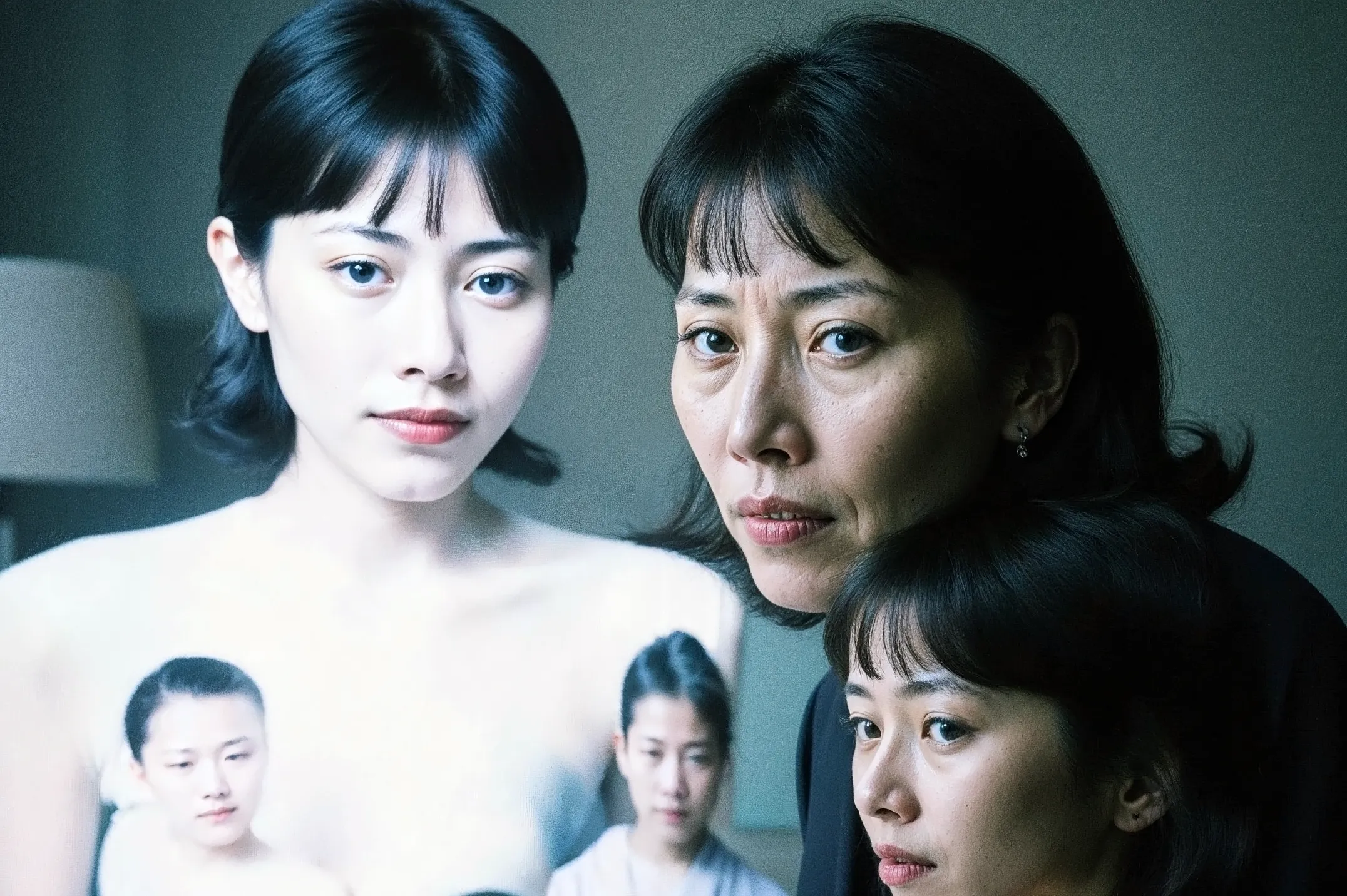 None of the people depicted here exist. They are fictional portraits generated by an AI, referencing the world of the 1995 film Ghost in the Shell and interwoven with fragments of the artist's own facial data, treated as an impersonal material like paint. Inhabiting their cybernetic bodies, these figures exude a sense of drama, sorrow, and intimacy in their quiet, everyday moments.

This series embodies the paradox of being "empty, yet multiplying," as non-existent images proliferate before our eyes. Infinitely replicated and expanded by AI, these images begin to invade our memory as seemingly authentic fragments of a past. In Buddhist thought, the self is not a fixed entity but a transient phenomenon (kū), momentarily formed by a confluence of conditions. How, then, does our self-perception transform when AI statistically generates and multiplies this "empty self"?

Furthermore, fragments of the artist are embedded within these generated figures. They are not entirely other, but rather "anonymous selves" that carry the artist's shadow. Viewers may find a faint sense of déjà vu in the countless faces, just as the artist seeks out scattered pieces of her own identity within them. This reveals a process that points to the Buddhist concept of engi(dependent origination): the self is not a solitary entity, but is conditionally formed only through its relationship with countless others.