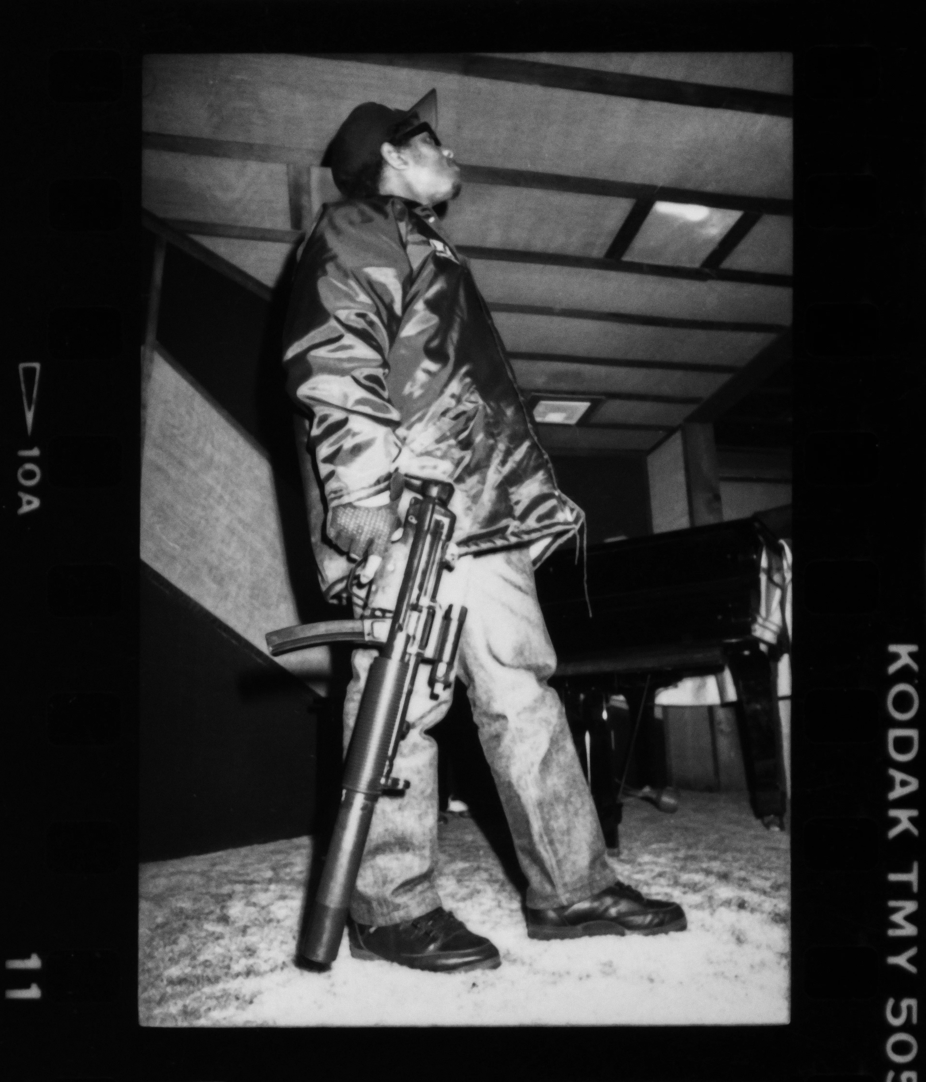 During the late 80's to early 90's I documented the rise of the west coast hip hop scene in Los Angeles. My loft/studio on Pico Blvd near Fairfax was next door to Crains Records, an indy shop that specialized in Soul, R&B and Hip Hop. All the artists came through Crains on their PR tours and I would often shoot portraits of them in my studio. I also produced a short run 'zine about the LA music scene called the LA Informer, and had the privilege of making exclusive photographs of NWA in the studio very early in their career while recording Straight Outta Compton. Tragically, my entire archive of photographs and negatives from this era was destroyed by USPS in a horrific accident in 2015 en route to NY. Only a few images that I had in my personal possession remain. These rare pieces of hip-hop history have never been published, exhibited or sold until now.

This image was shot in 1987 at Audio Achievements Studio, during the recording of Straight Outta Compton, the group's debut studio album, which went on to define West Coast Gangsta' Rap and sell over 1 million copies. They had just arrived from a gun shop with these firearms, unboxing them for the shot. 