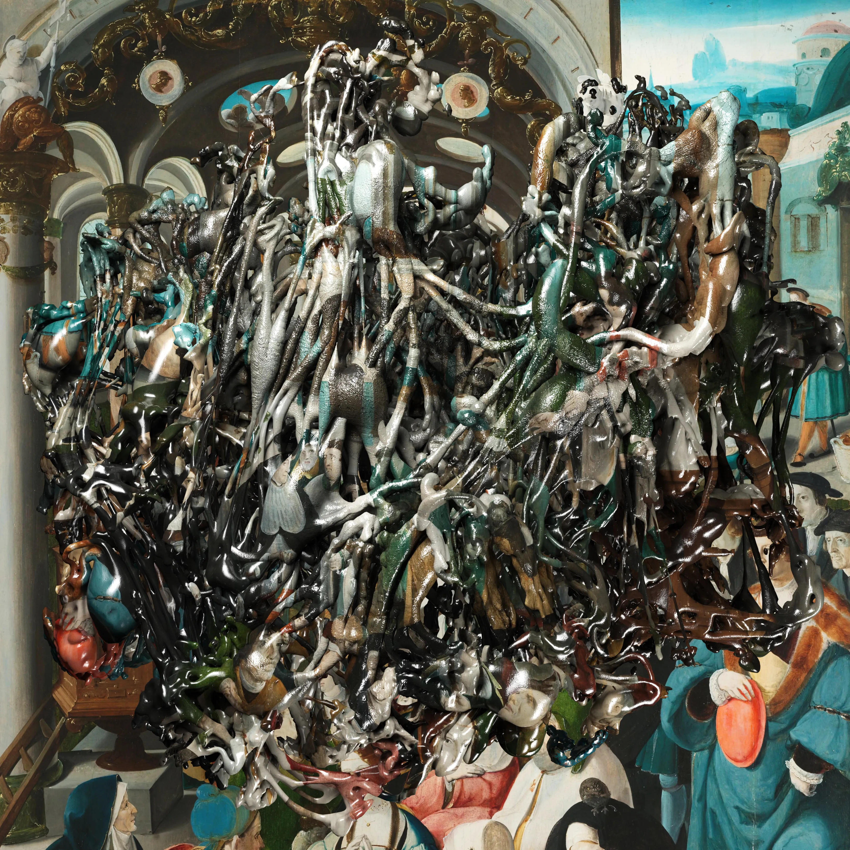 Fusion of the old and new. Merging traditional paintings with contemporary digitally made sludge squiggles.