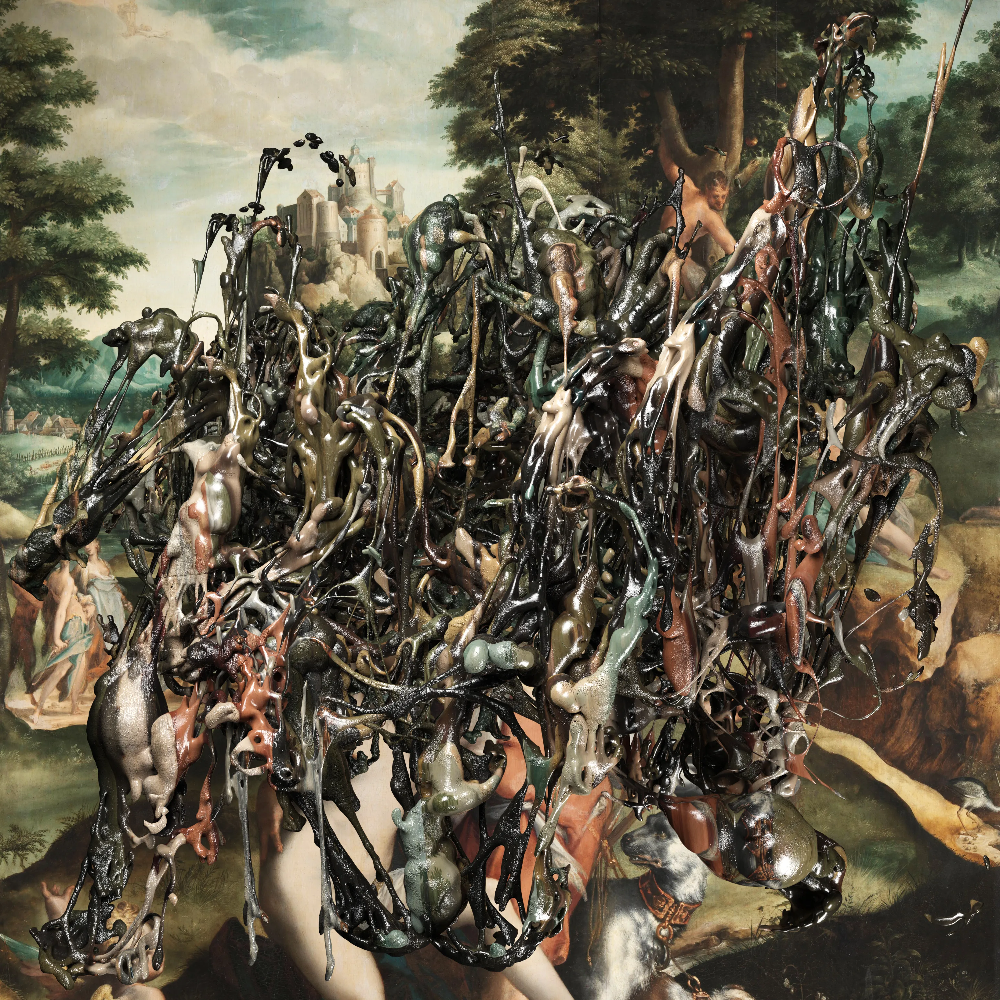 Fusion of the old and new. Merging traditional paintings with contemporary digitally made sludge squiggles.
