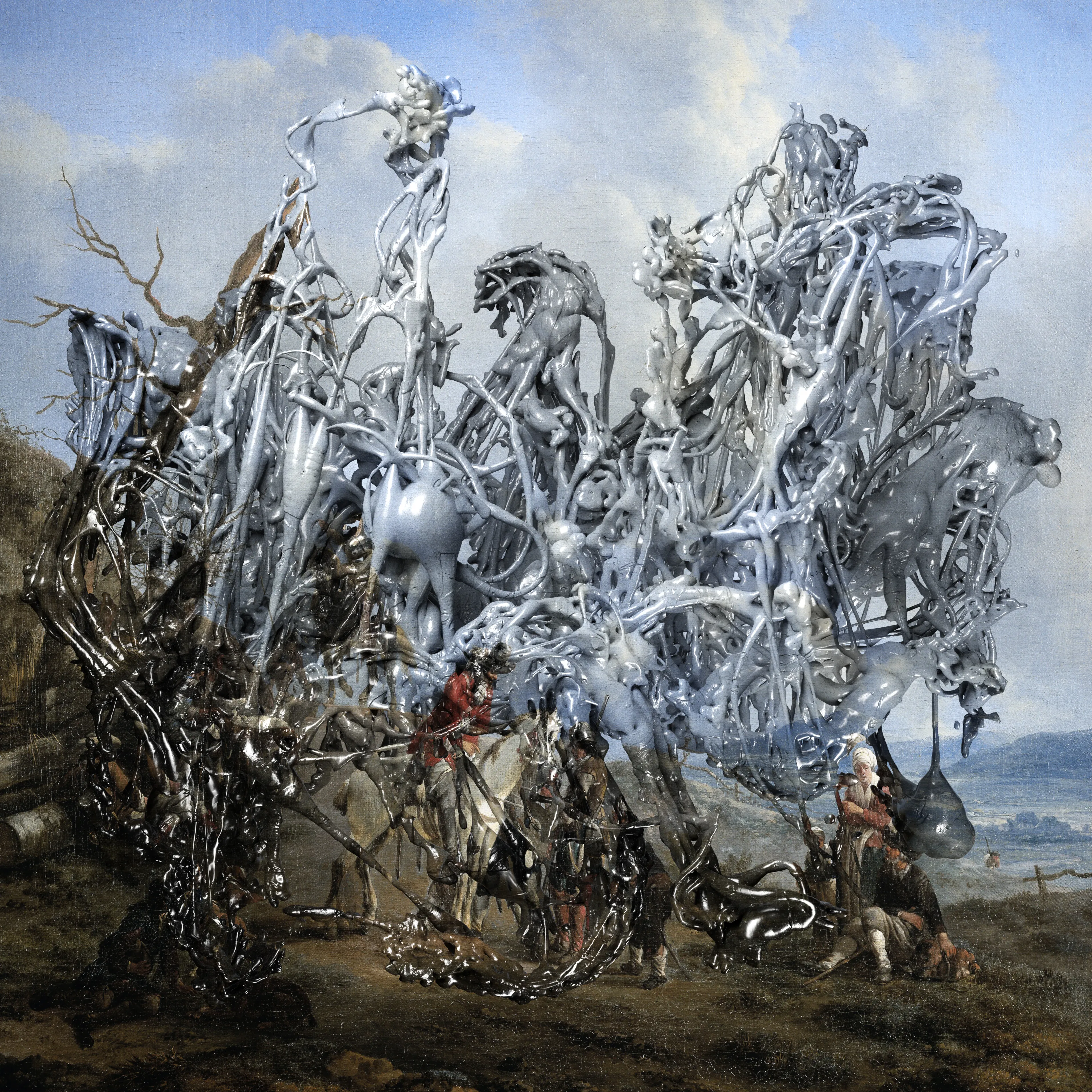 Fusion of the old and new. Merging traditional paintings with contemporary digitally made sludge squiggles.