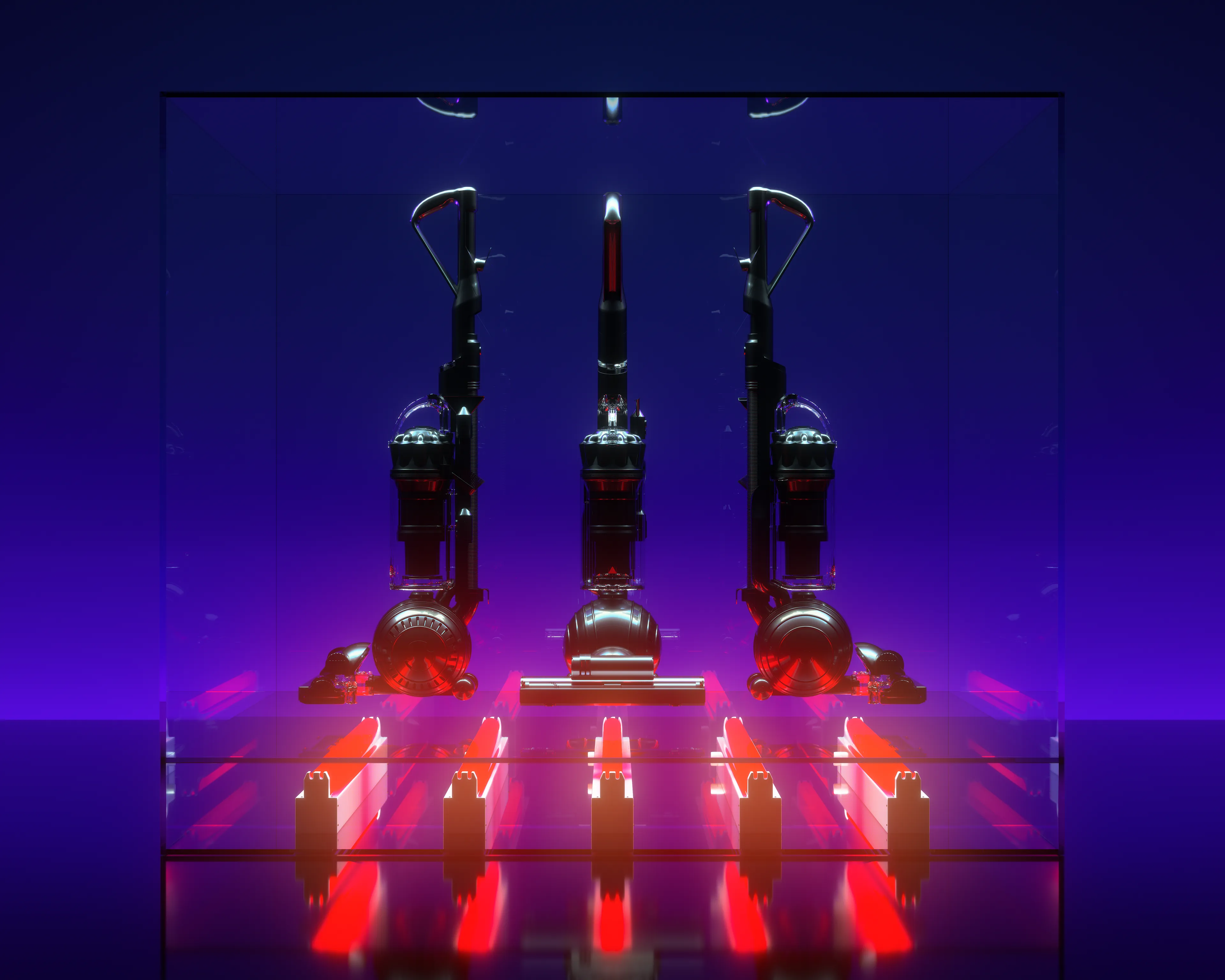JIMMY
 OBSOLETE THREE, 2021

Three Dyson Upright Vacuum Cleaners
 Acrylic, Fluorescent Lights

 62.36 x 13.39 x 41.93 in

View the thread: https://twitter.com/JIMMYEDGAR/status/1458097370026156032?s=20